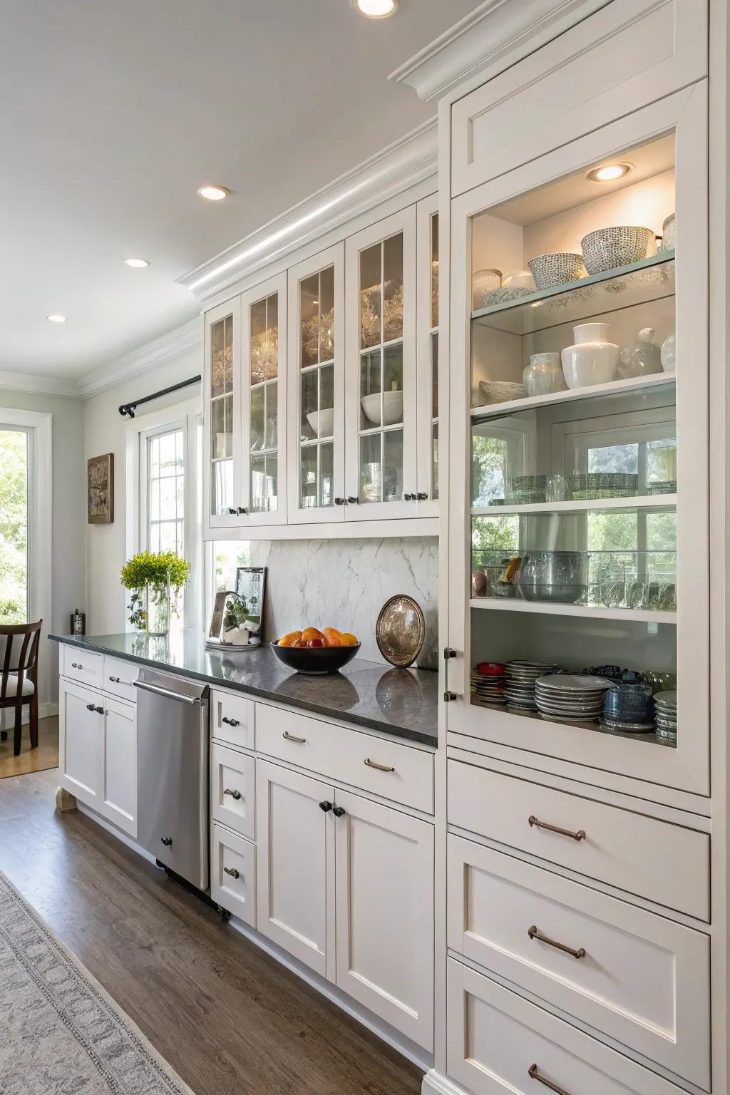 Glass front cabinets showcase kitchenware beautifully.