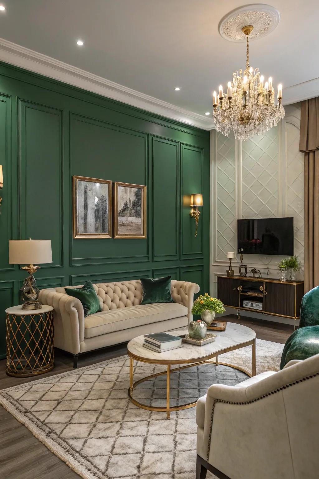 Emerald green walls contribute an aura of luxury to this stylish living area.