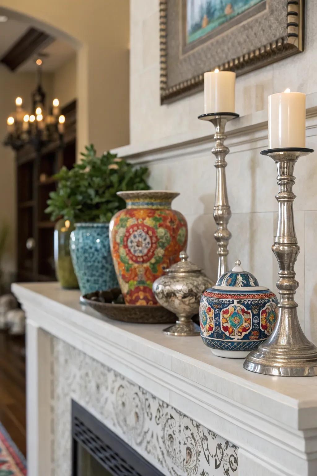 Textures and layers create a visually intriguing mantel display.
