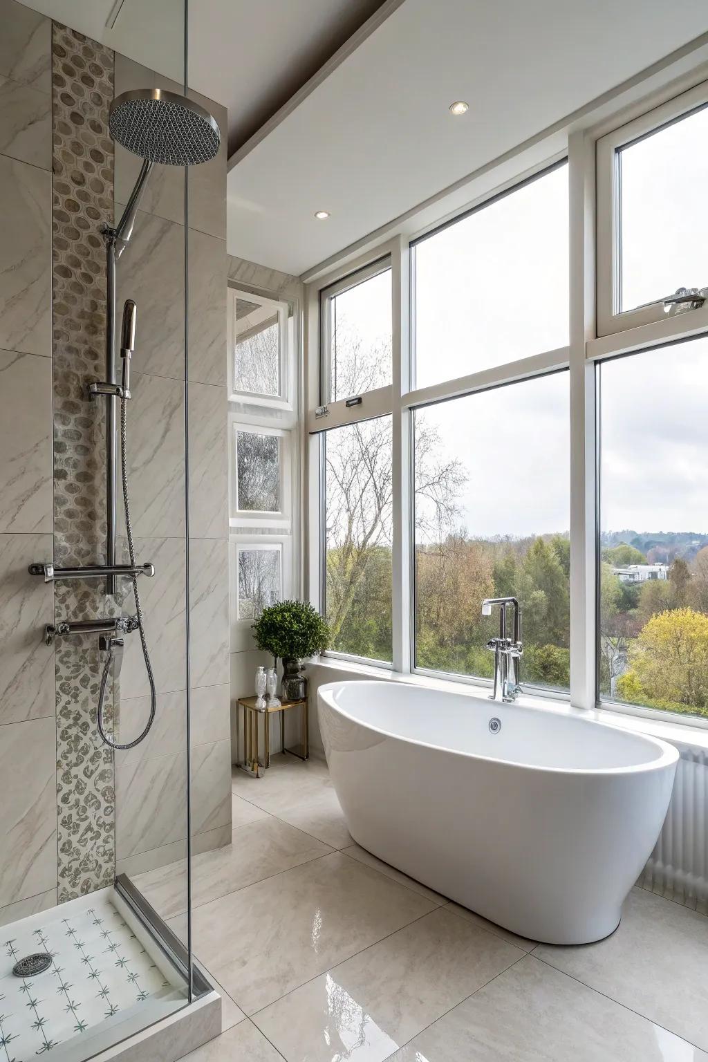 Fashionable fixtures enhance the appearance of a contemporary primary bathroom.