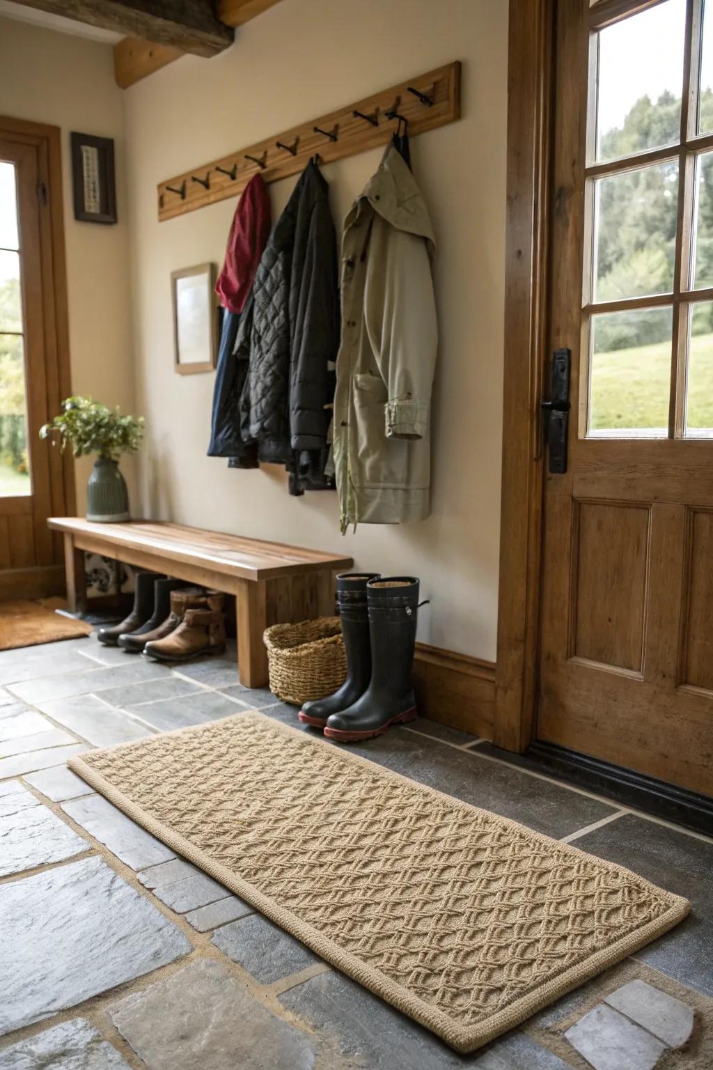 A textural floor covering introduces warmth and flair to your mudroom.