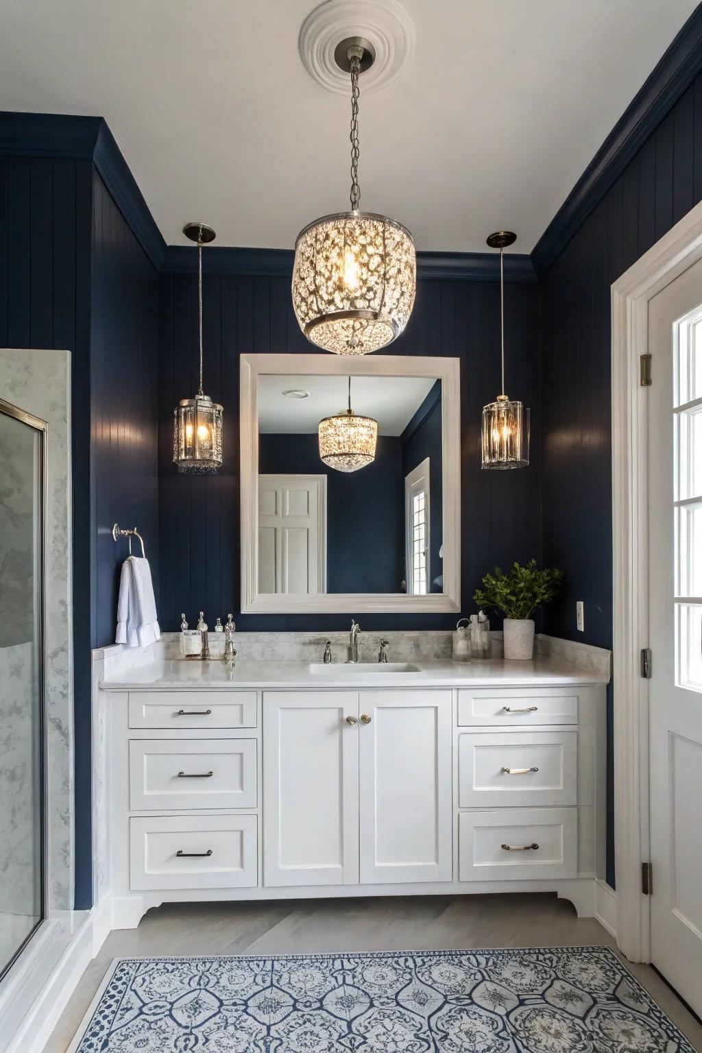 Chic lighting elevates the modern vibe of midnight blue bathrooms.