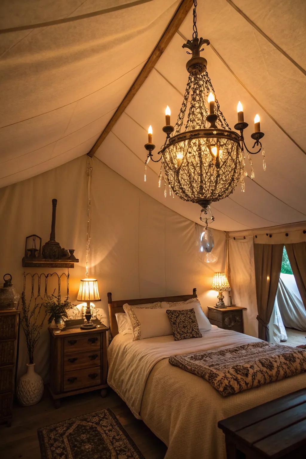 Heritage-inspired illumination contributes charm and serves as a focal point in a shabby chic bedroom.