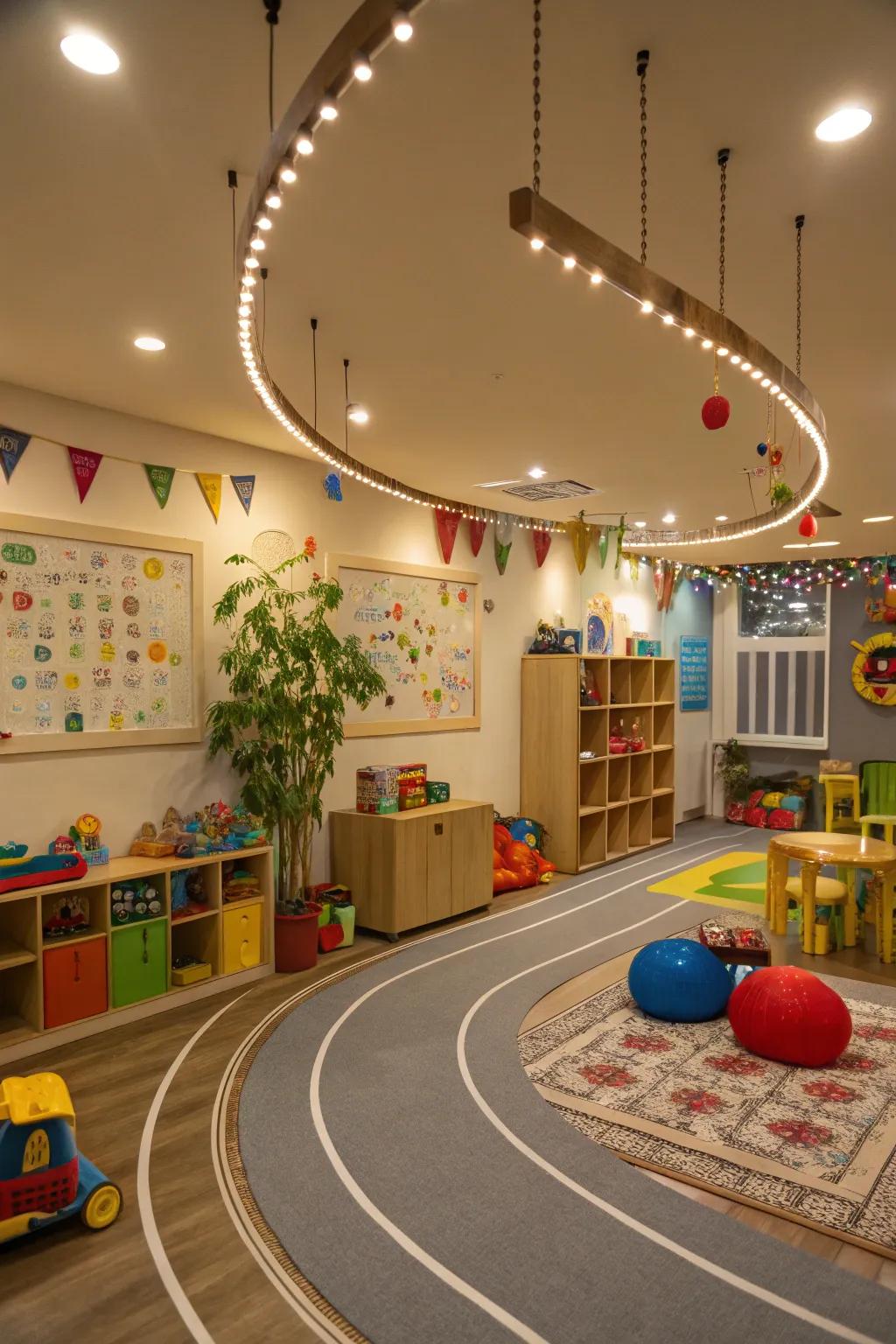 Playful children's chamber showcasing arc-shaped rail illumination.