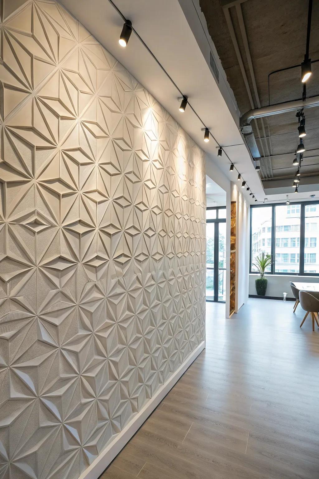 Geometric texture establishing a energetic backdrop in an office space.