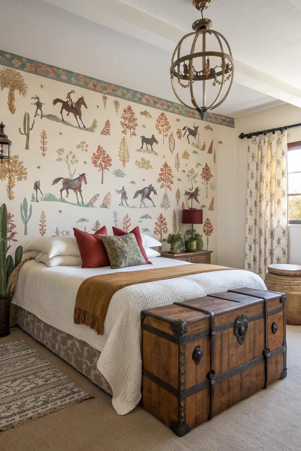 Western-inspired wallpaper creates a daring design statement.