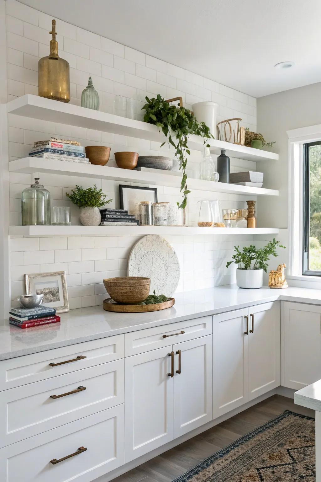 Floating shelves offer both style and storage.