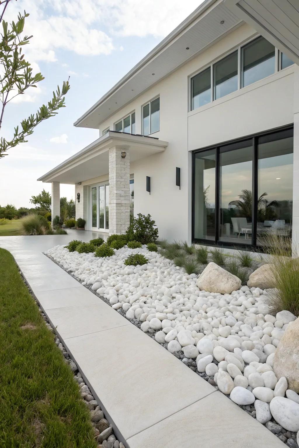 A contemporary home exterior exquisitely assimilated with ivory stone landscaping for a cohesive visage.