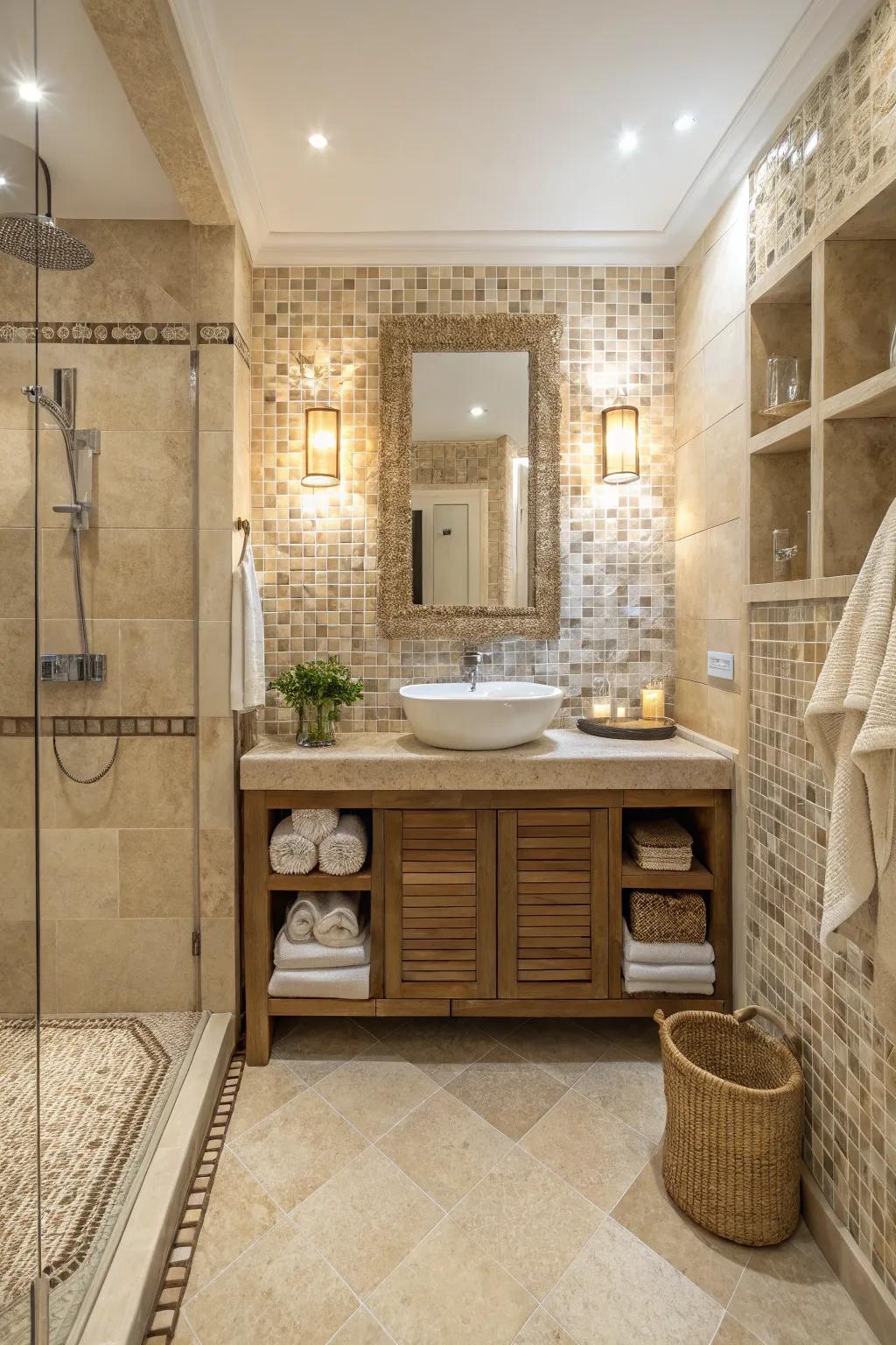 A serene bathroom using neutral mosaic tiles conveying understated elegance.
