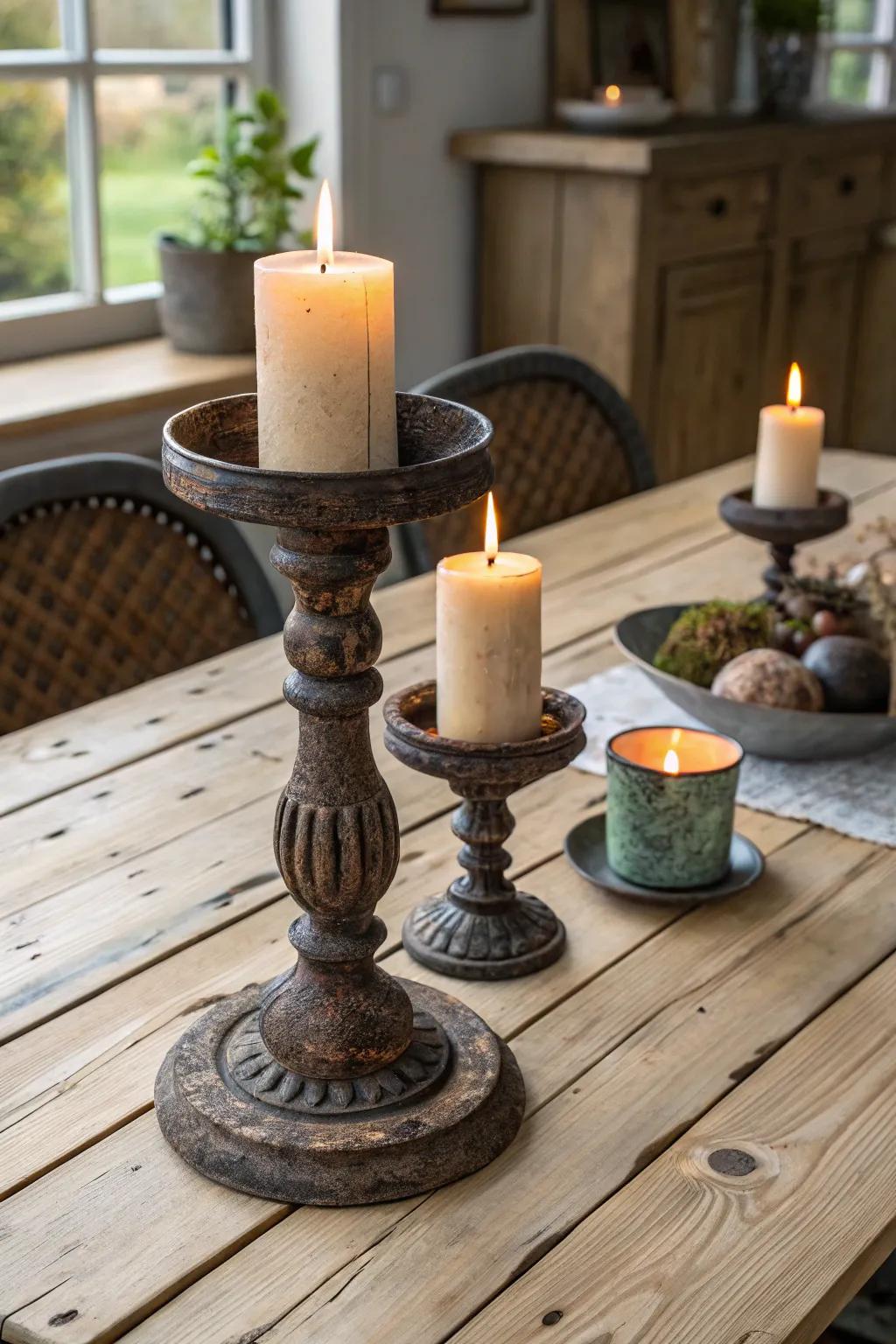 Rustic candle holders enrich the table setting with a sense of warmth.