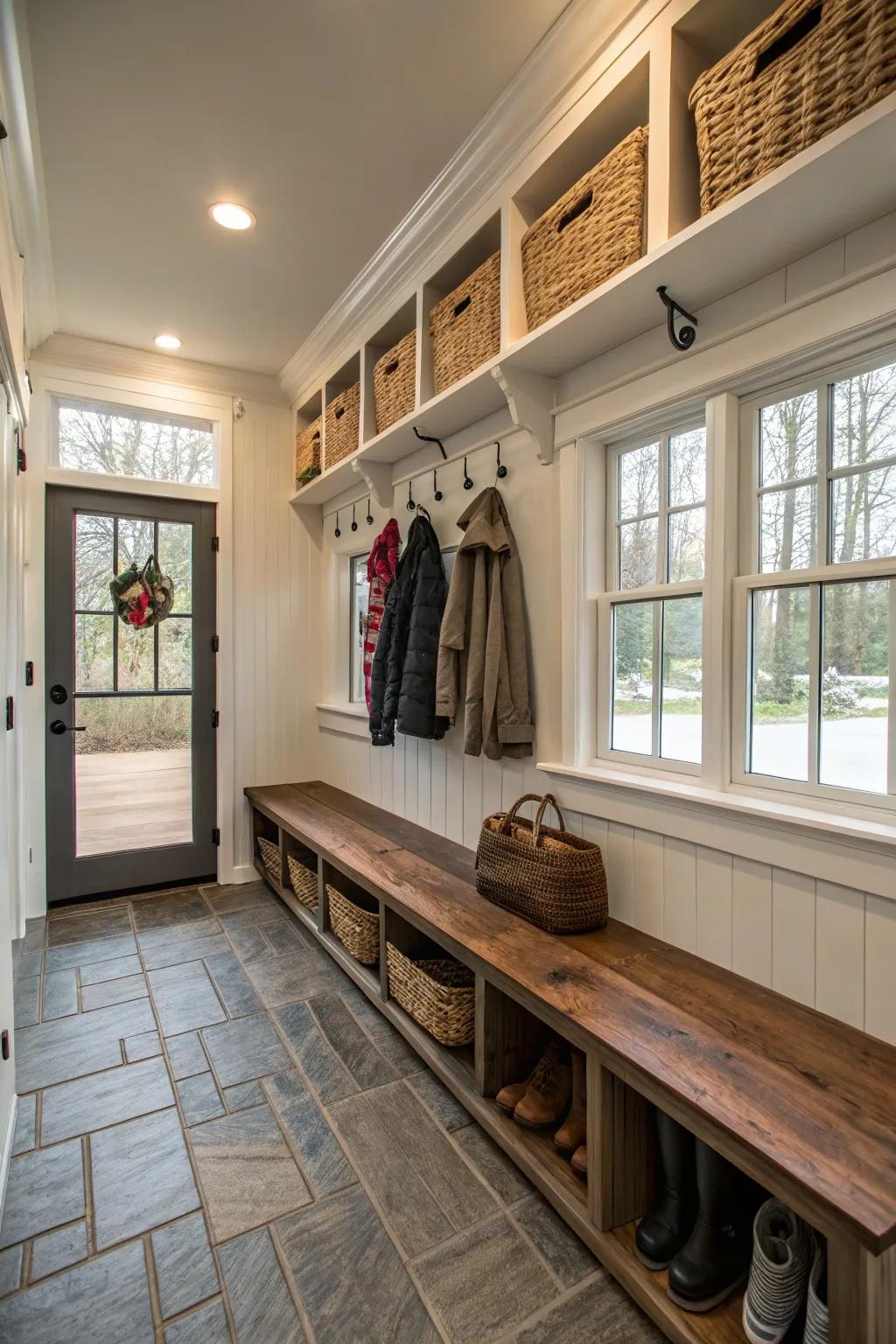 An enclosed passage metamorphoses into a functional mudroom.