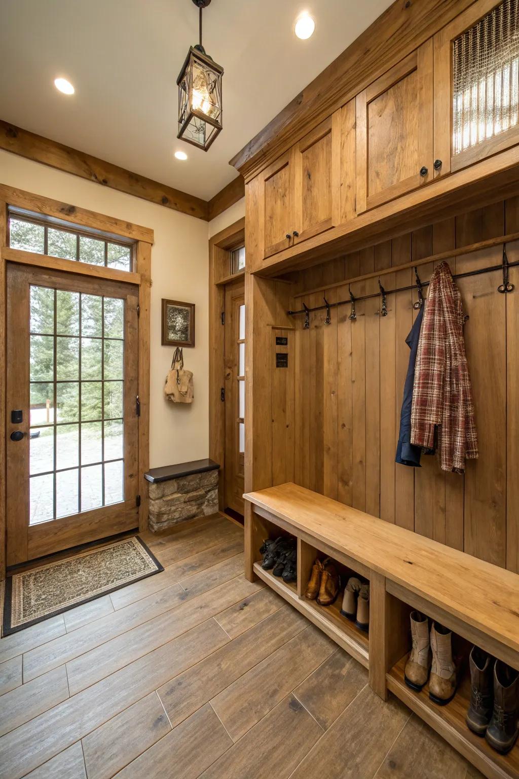 Mudroom featuring natural and timber textures.
