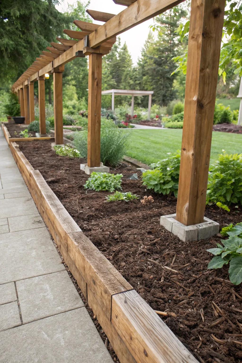 Timber beams impart a countryside charm to mulch borders.