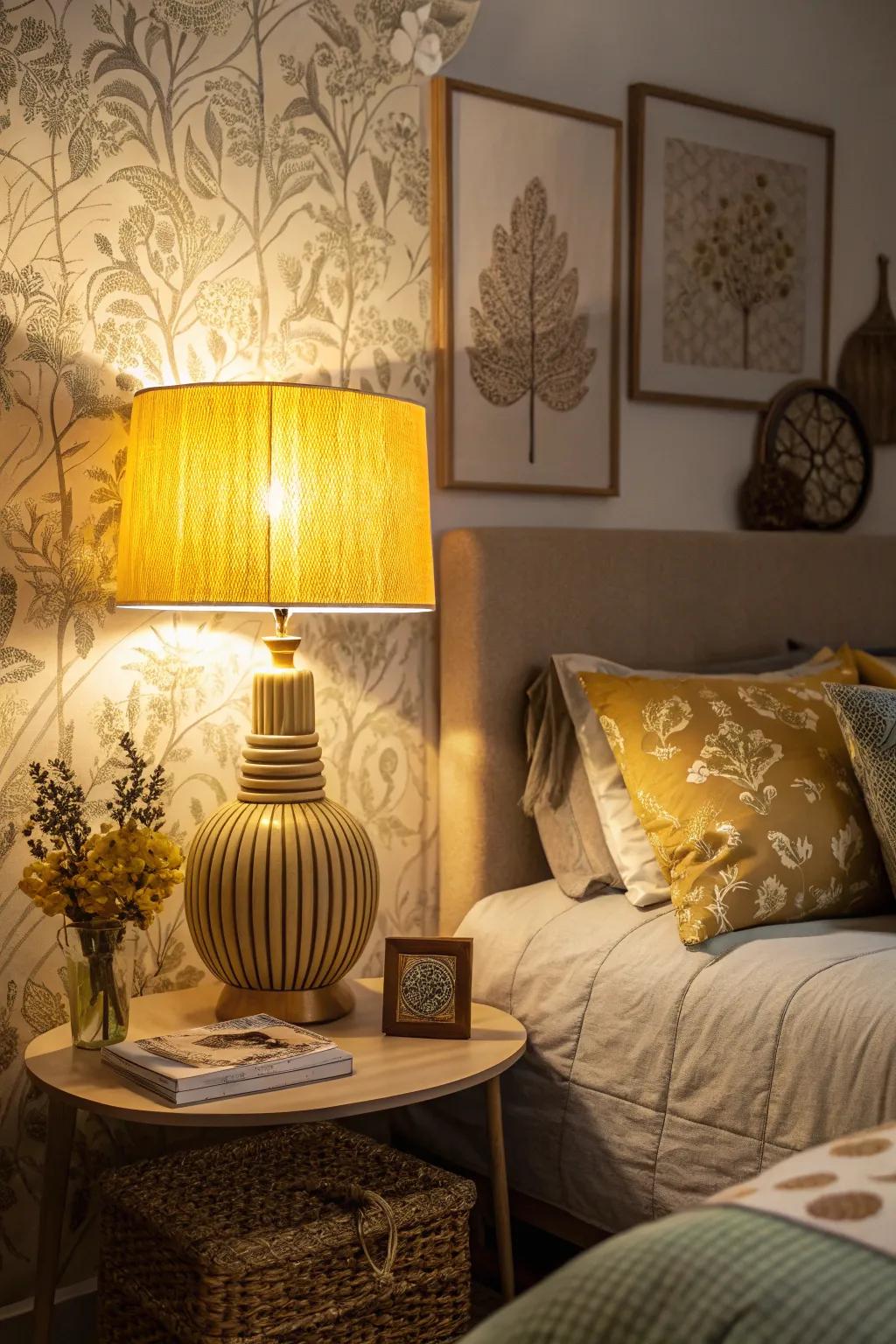 A sleeping chamber featuring an amber fixture and ambient lighting.
