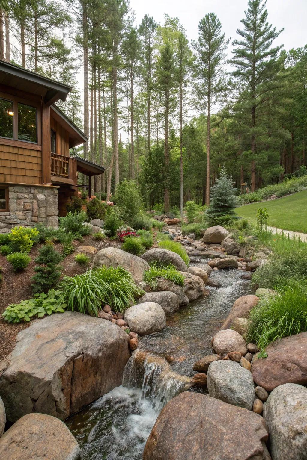 A rocky stream design for an organic, rugged visual.
