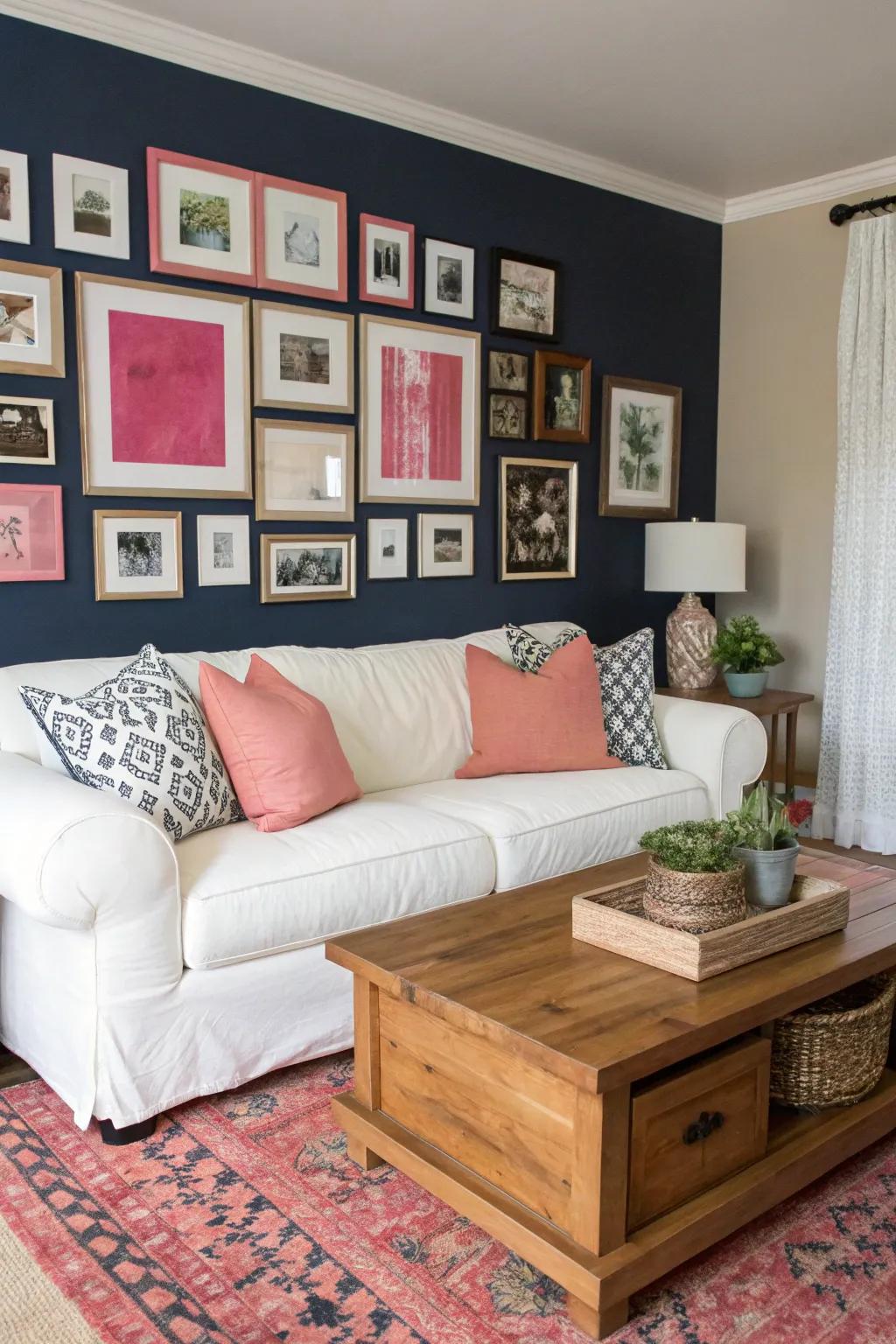 A marine and rose gallery wall personalizes your living space.