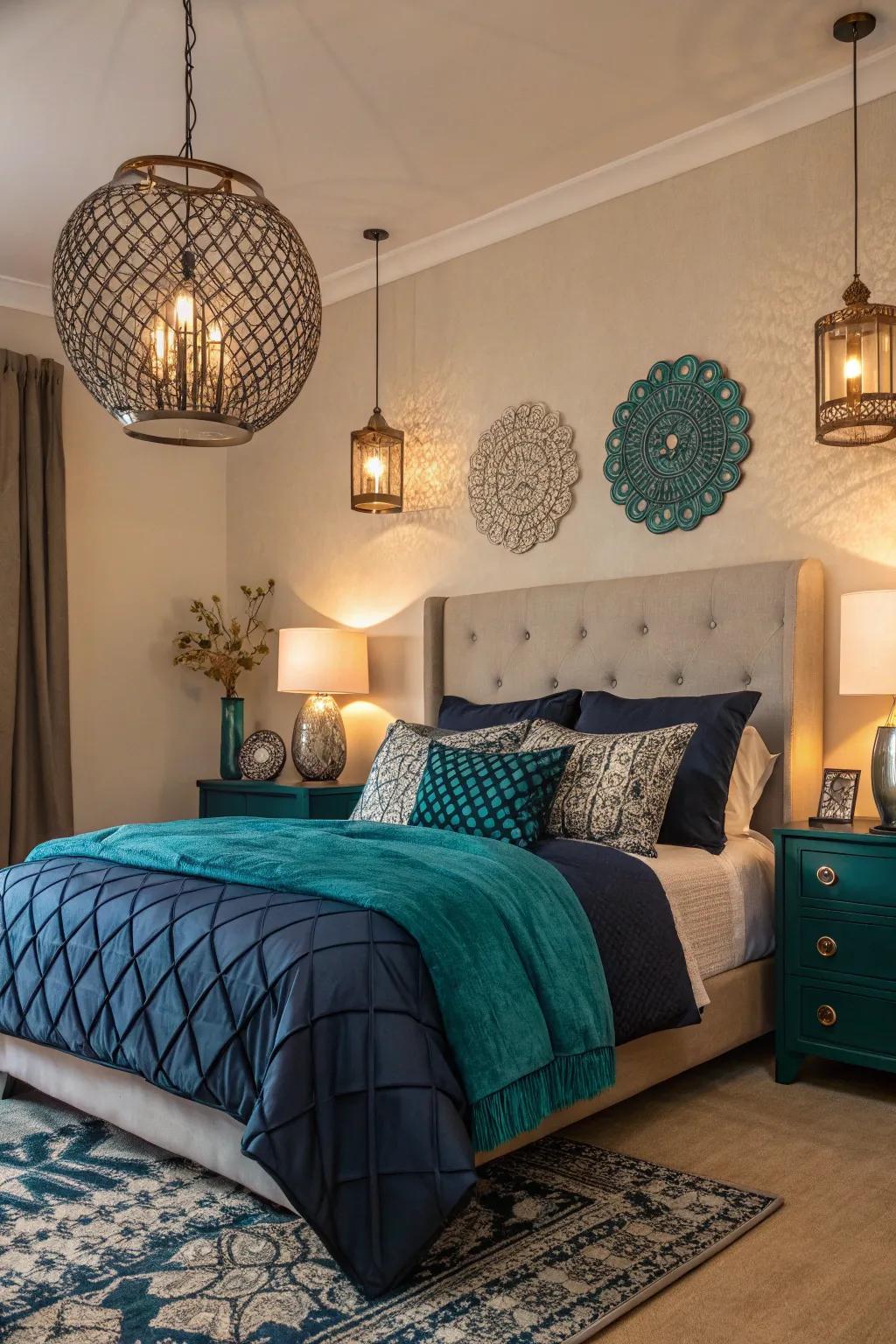 Illumination serves as a striking focal point in an indigo and cerulean room.