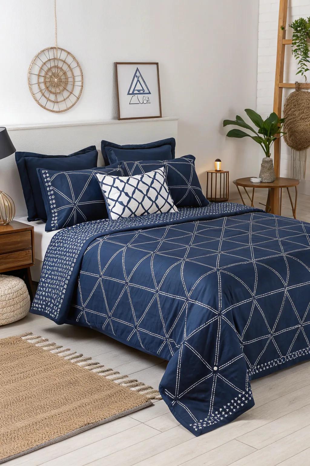 With dark blue bedding featuring geometric patterns, you can add a contemporary touch.