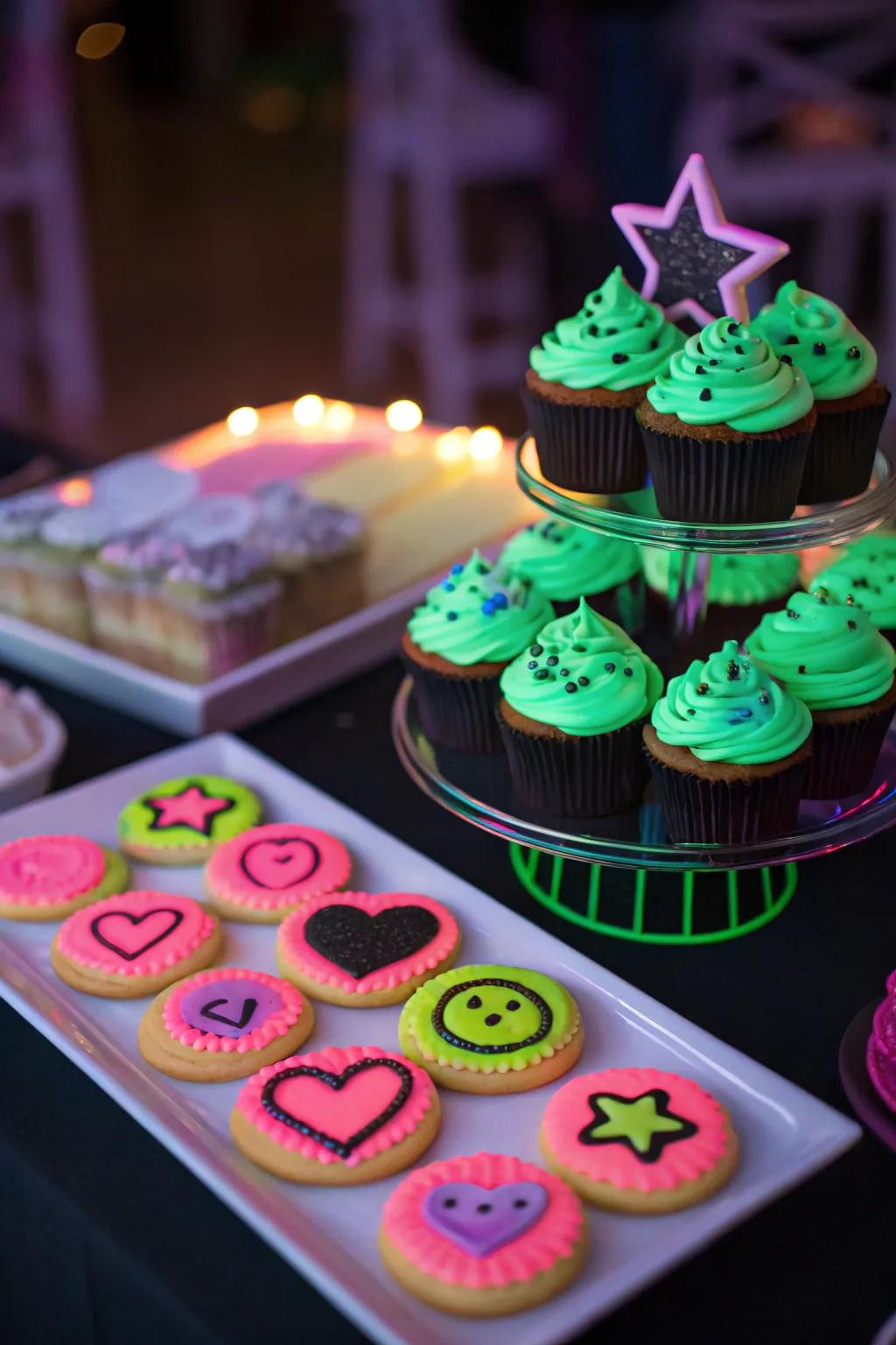 Glow-in-the-dark cupcakes and biscuits on a neon-themed dessert table, delighting celebration participants.