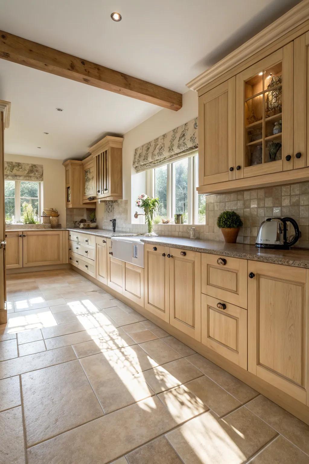 Timber and mosaic flooring infuses texture to the kitchen's neutral palette.