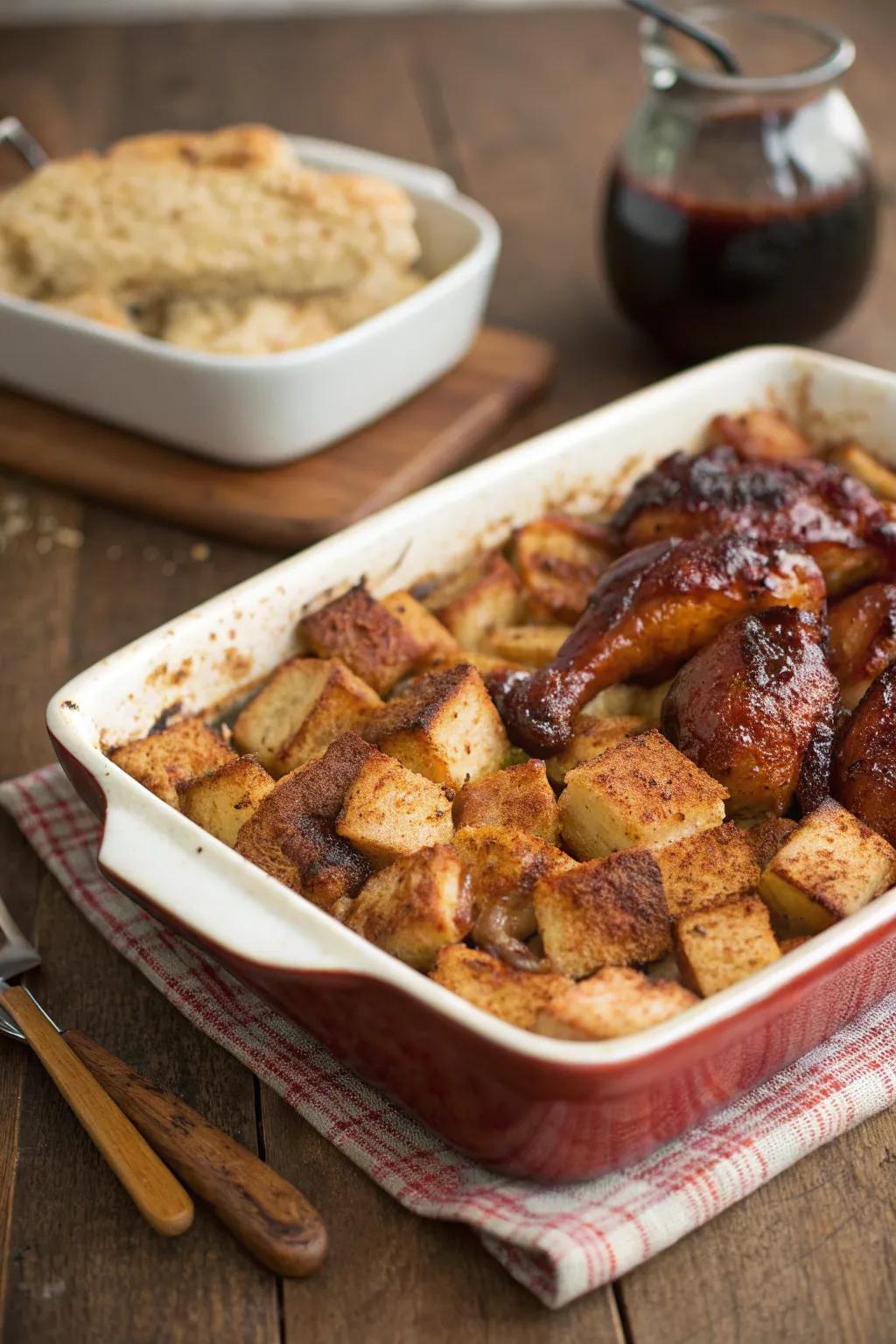 A unique cooked chicken and fruit bread pudding, offering a delightful twist on comfort food.