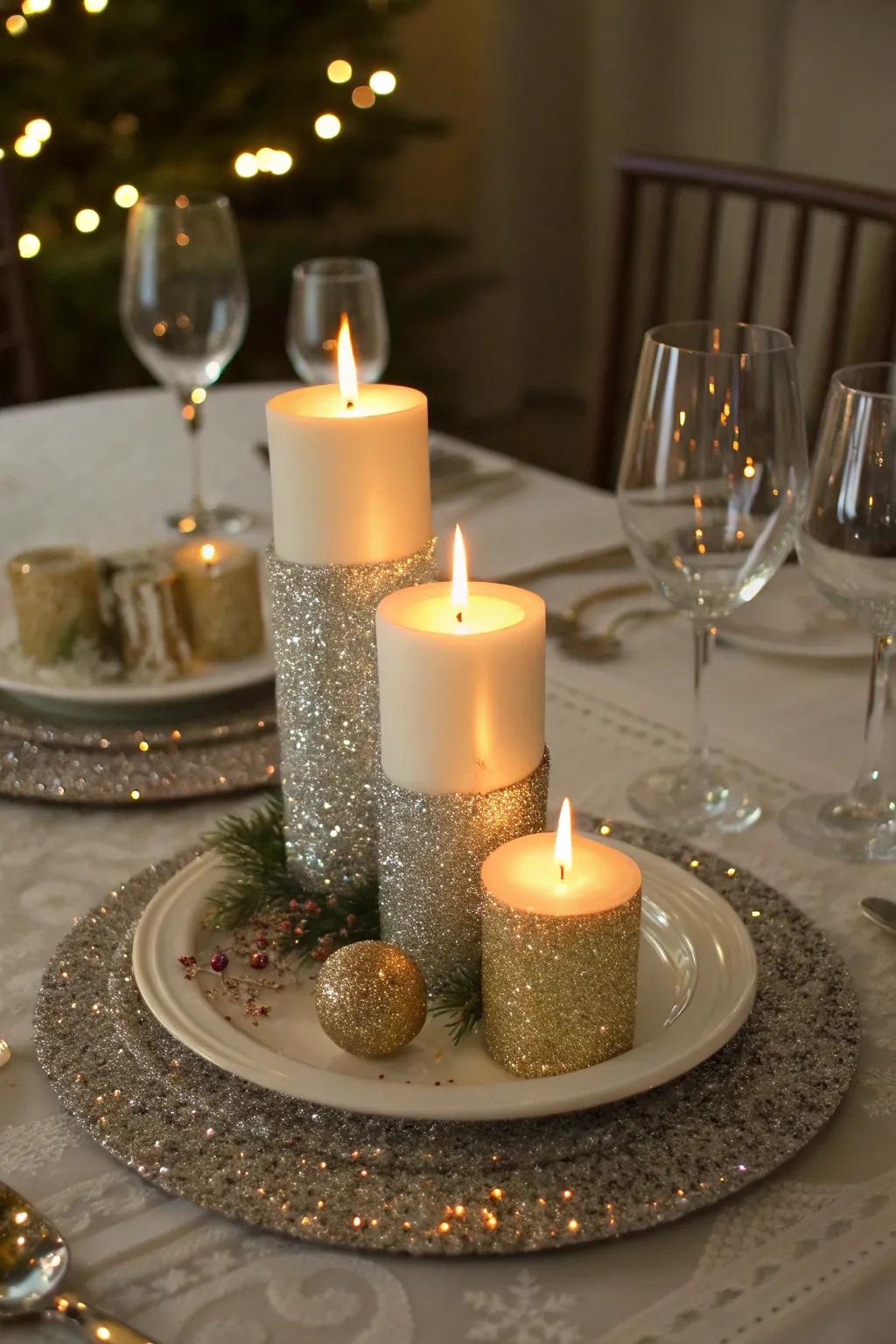 Gleaming centerpiece decor establishes a cozy and exquisite dining ambiance.