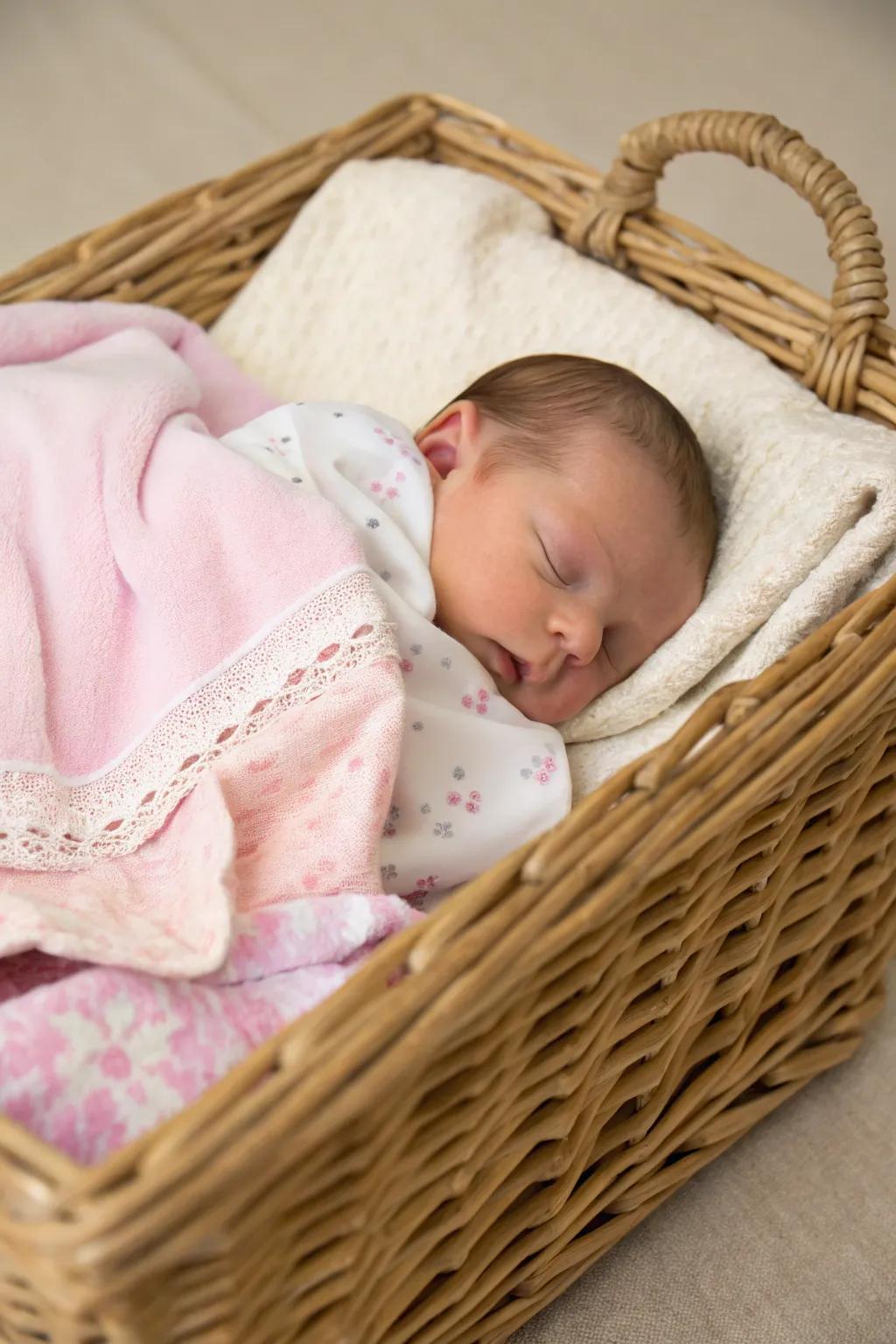 An enchanting newborn announcement in a cozy basket.