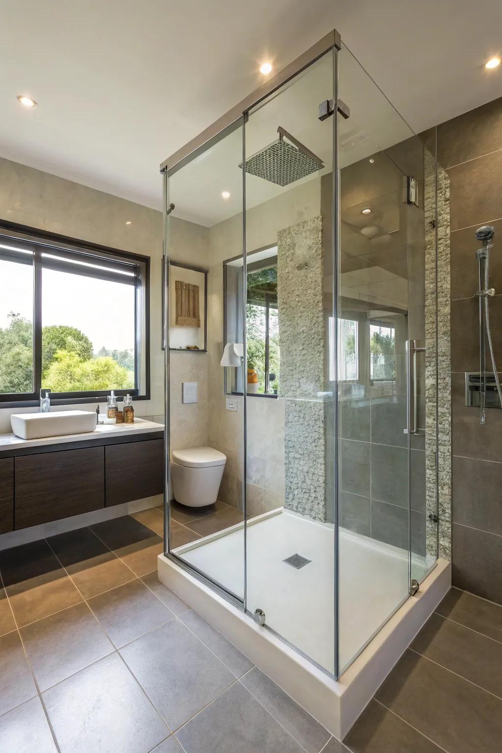 A chic glass shower enclosure featured in a modern bathroom.