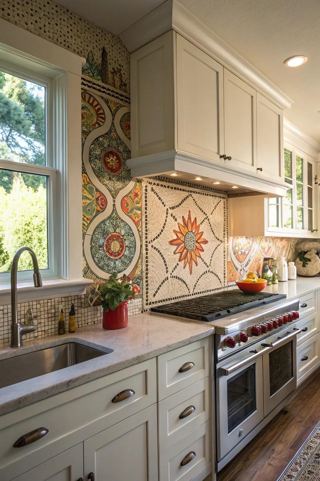 Coin tile backsplashes deliver a playful and artistic element to kitchens.