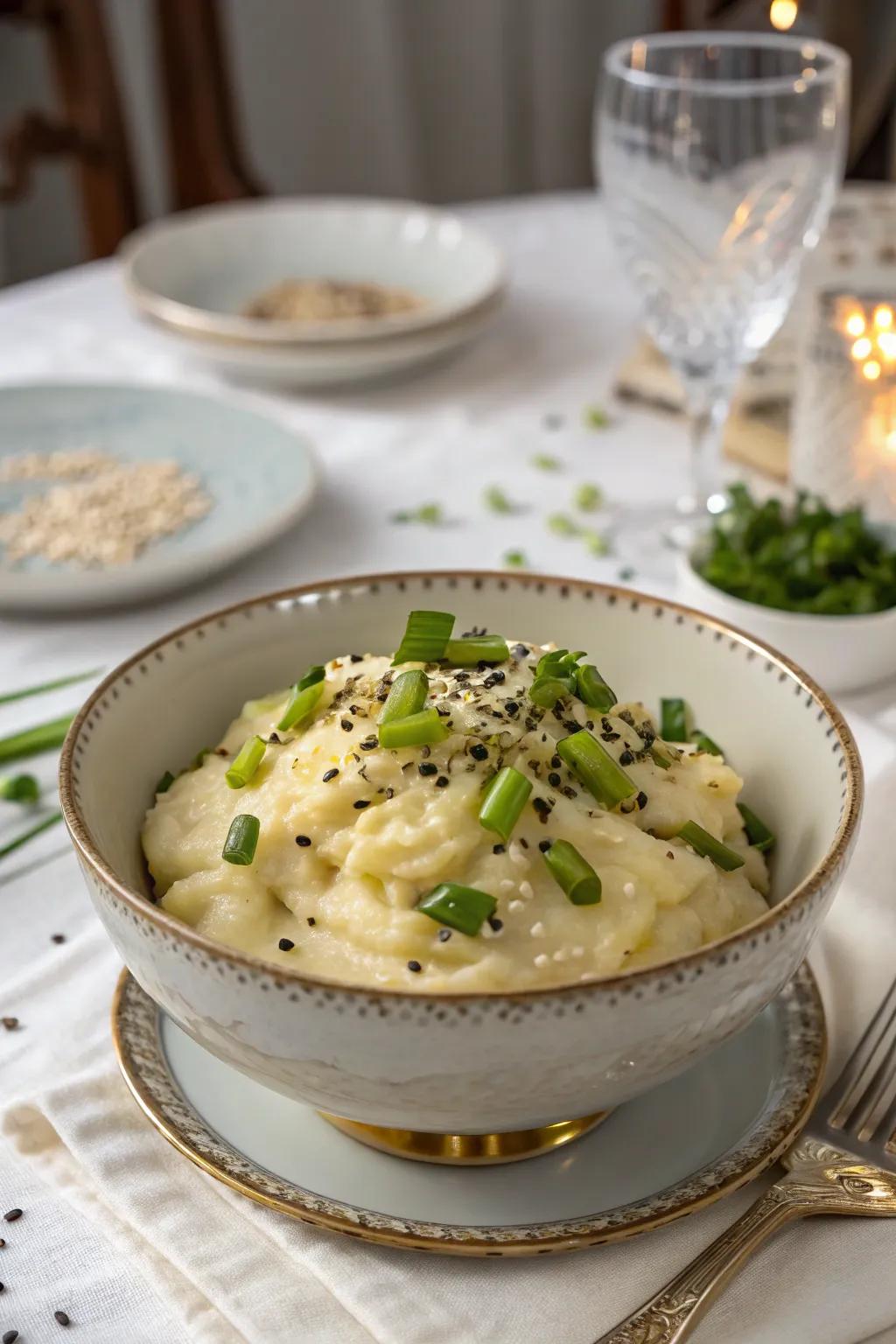 Roasted sesame mashed potatoes for a unique flavor.