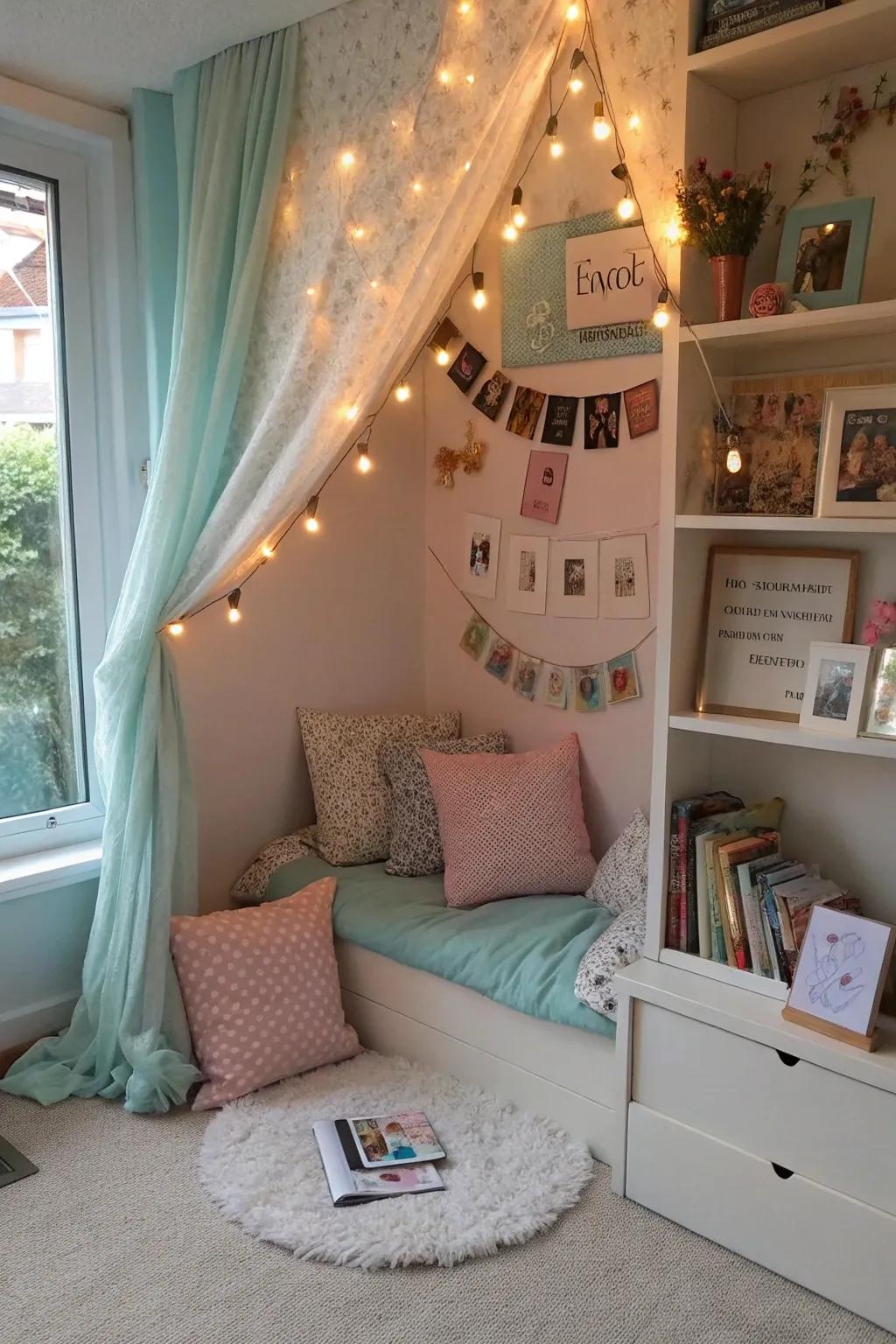 A personal nook enriched with cherished items and colors.