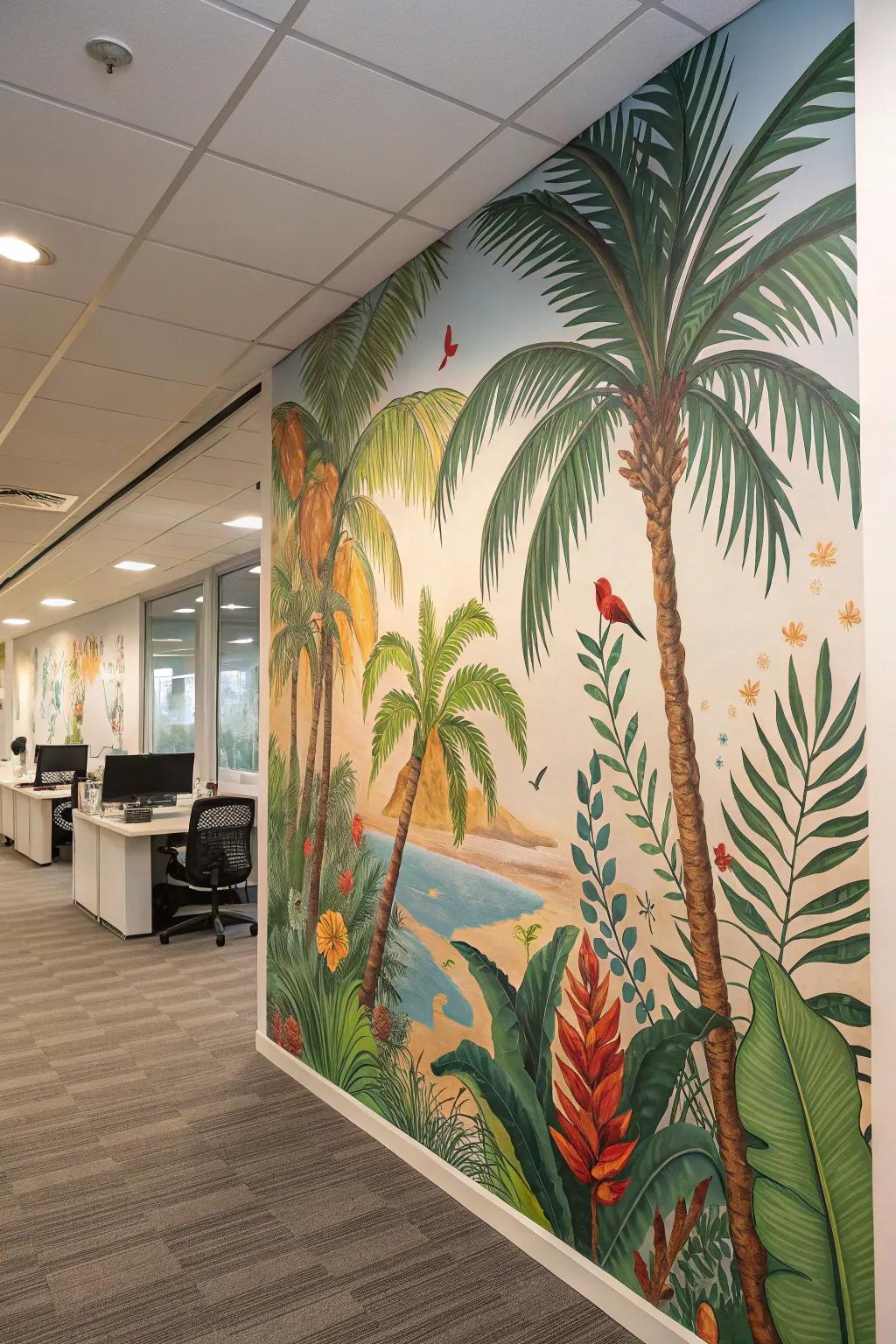 Incorporate a tropical getaway sensation into your office through the application of lush decorative coverings.