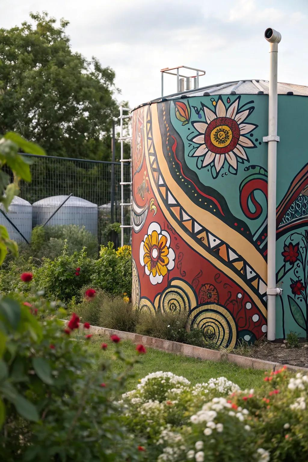 A fuel container transformed into a work of art with a vibrant abstract design.
