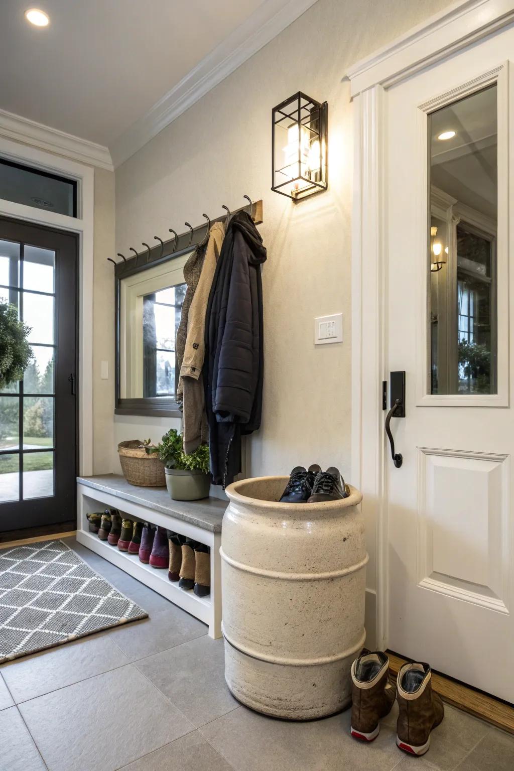 Keep your entryway tidy through an earthenware footwear organizer.