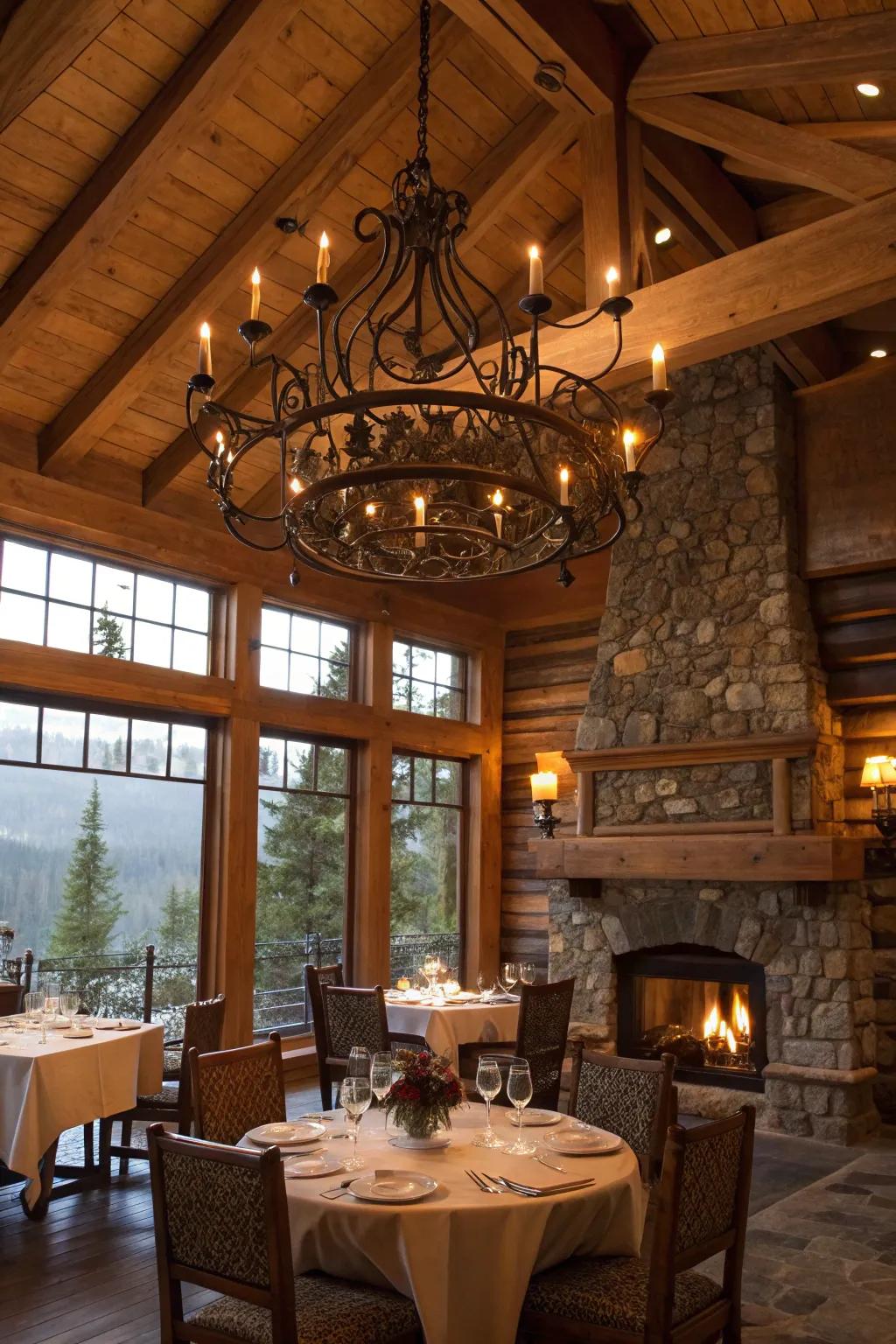 A lodge dining area illuminated by a stunning wrought iron chandelier.