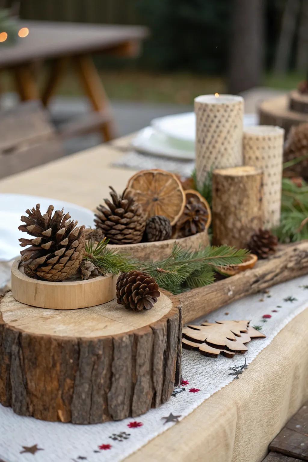 Natural textures like conifer cones contribute country-style beauty to your décor.