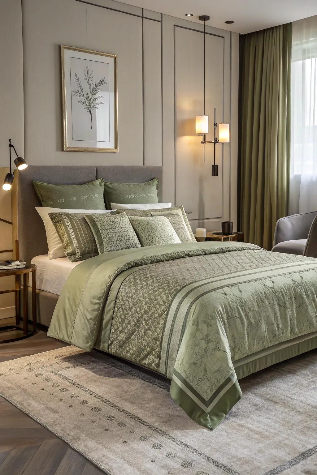 Patterned <strong><em>olive green bedding</em></strong> introduces elegance and subtle charm.” loading=”lazy” class=”pimg”>
	</picture><figcaption>Patterned <strong><em>olive green bedding</em></strong> introduces elegance and subtle charm.</figcaption></figure>
<p>Select <strong><em>olive green bedding</em></strong> featuring delicate designs to introduce visual intrigue while averting sensory overload. In my ventures, patterned bedding frequently serves as a subtle conversation starter while maintaining a consistent design language.</p>
<h3>May just do the trick:</h3>
<ul class=