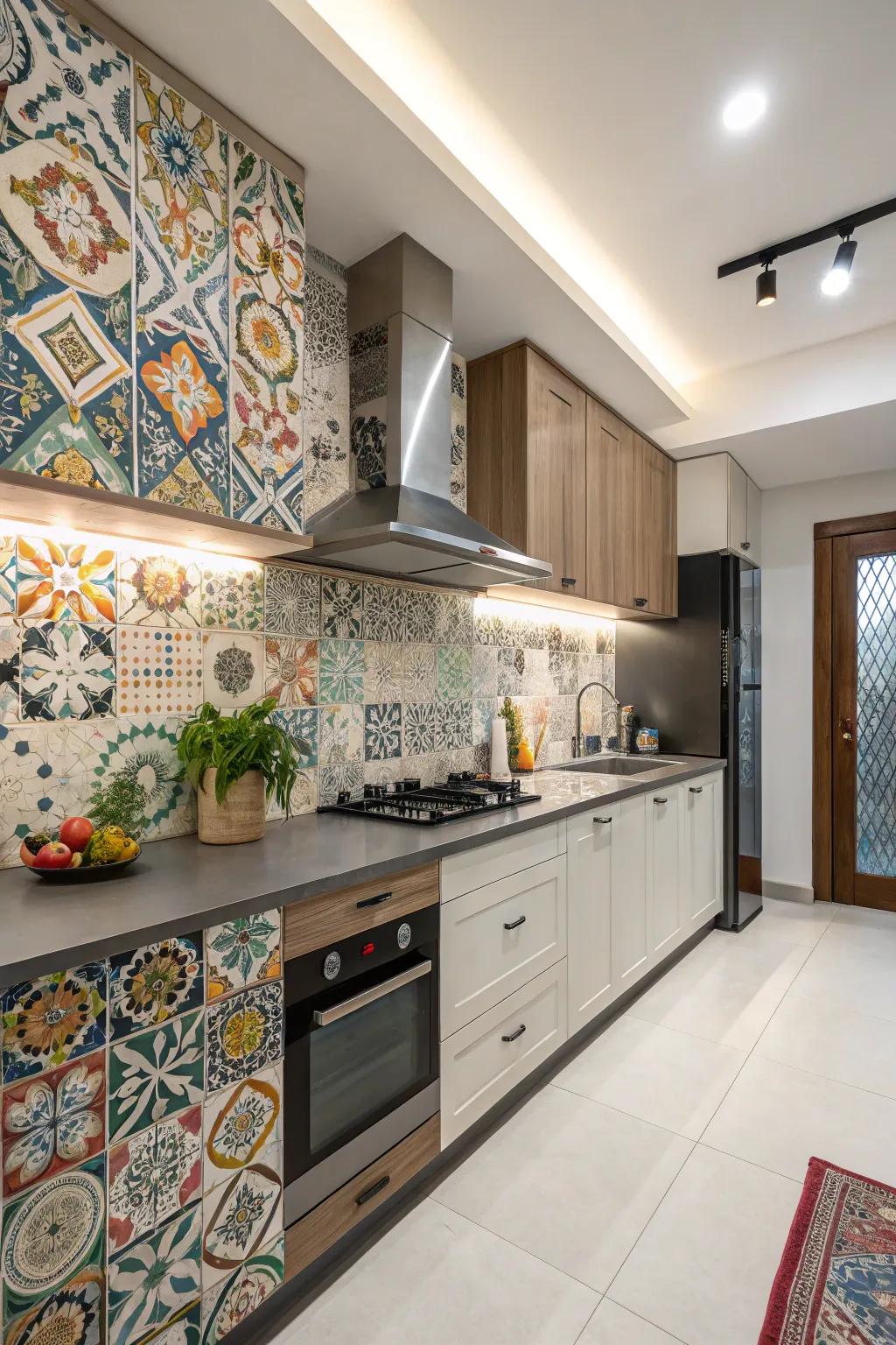 A daring backsplash acts as a point of interest in this kitchen.