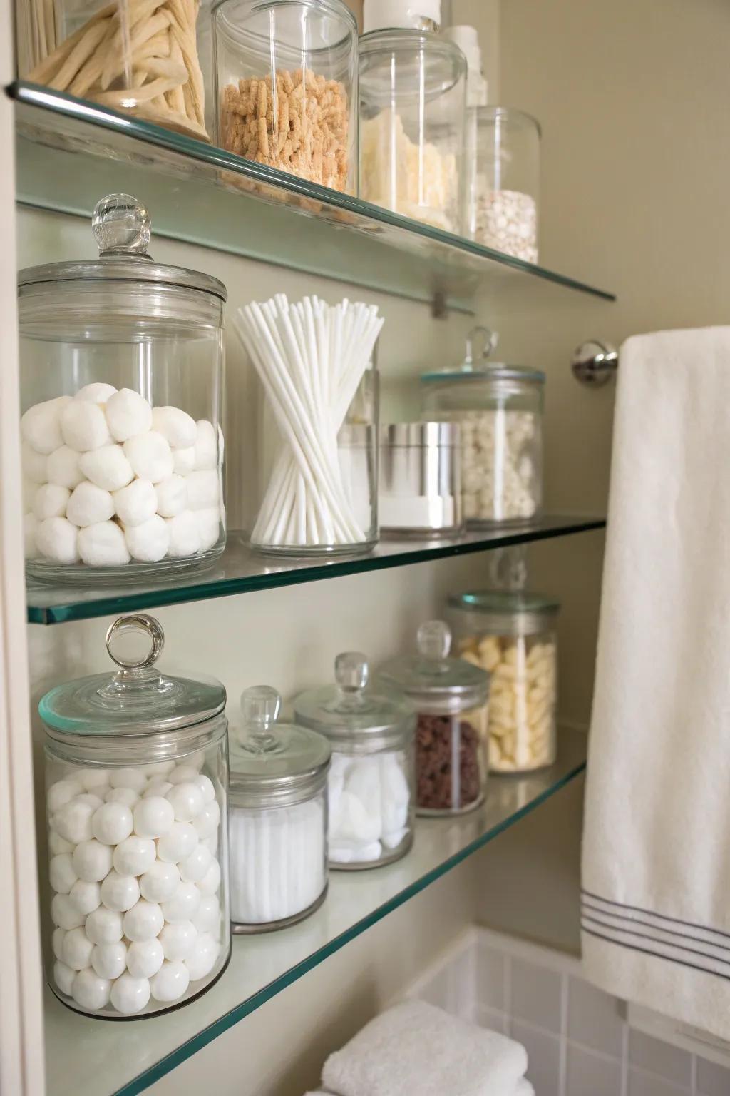 Glass containers offer fashionable storage for small bathroom essentials.