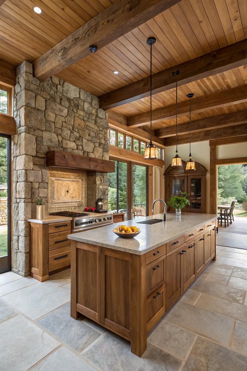 Organic materials introduce warmth and texture to the kitchen's design.