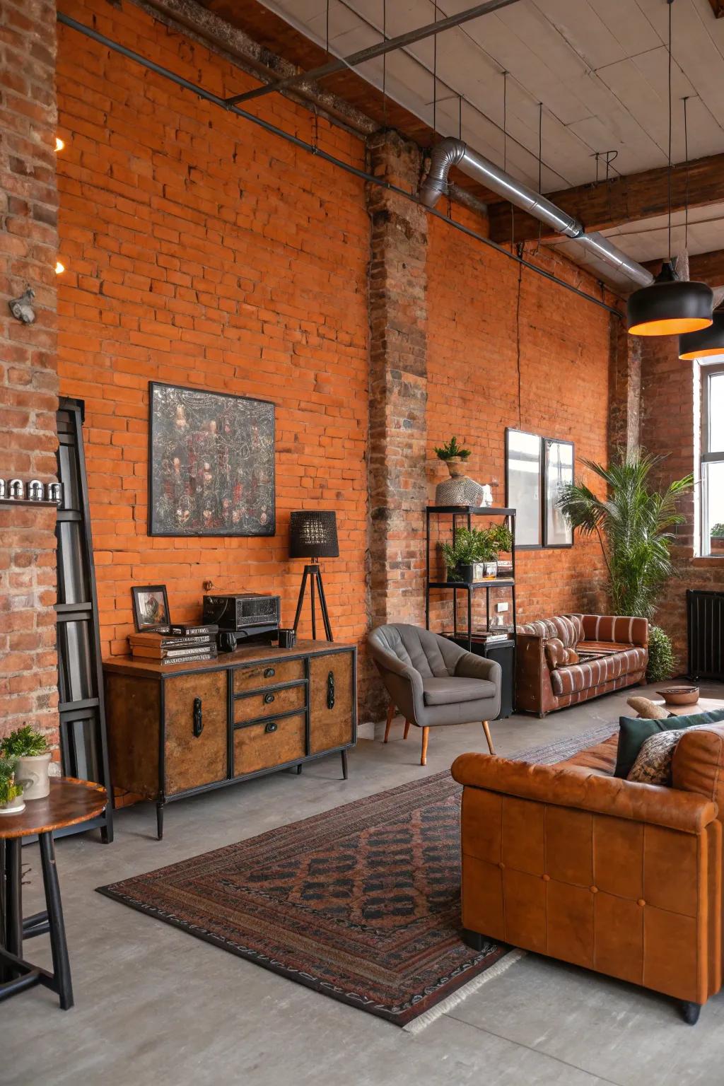 A loft space enhanced by the rustic allure of a tangerine brick cladding.