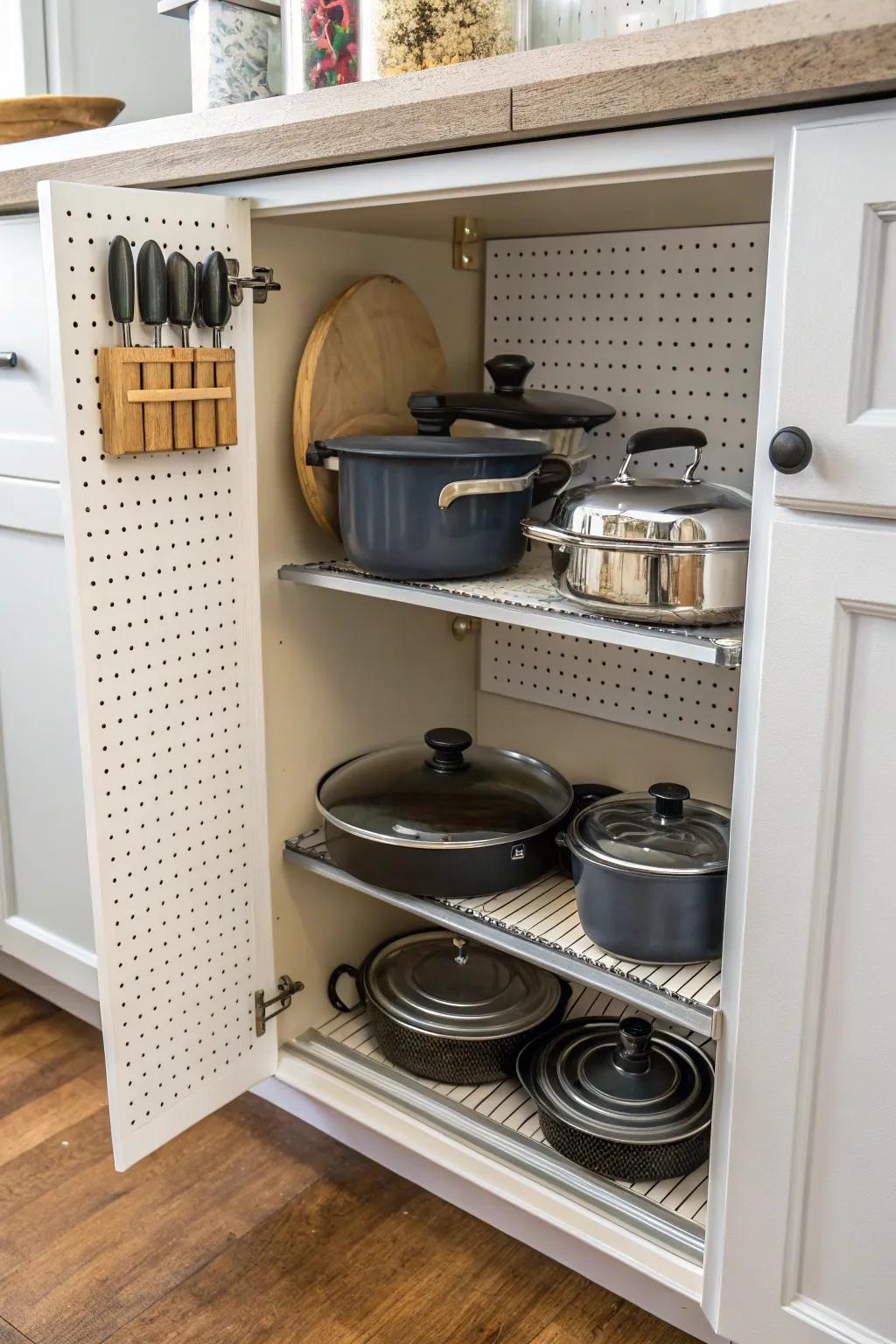 A pegboard inside a cabinet arranges pots and lids with efficiency.