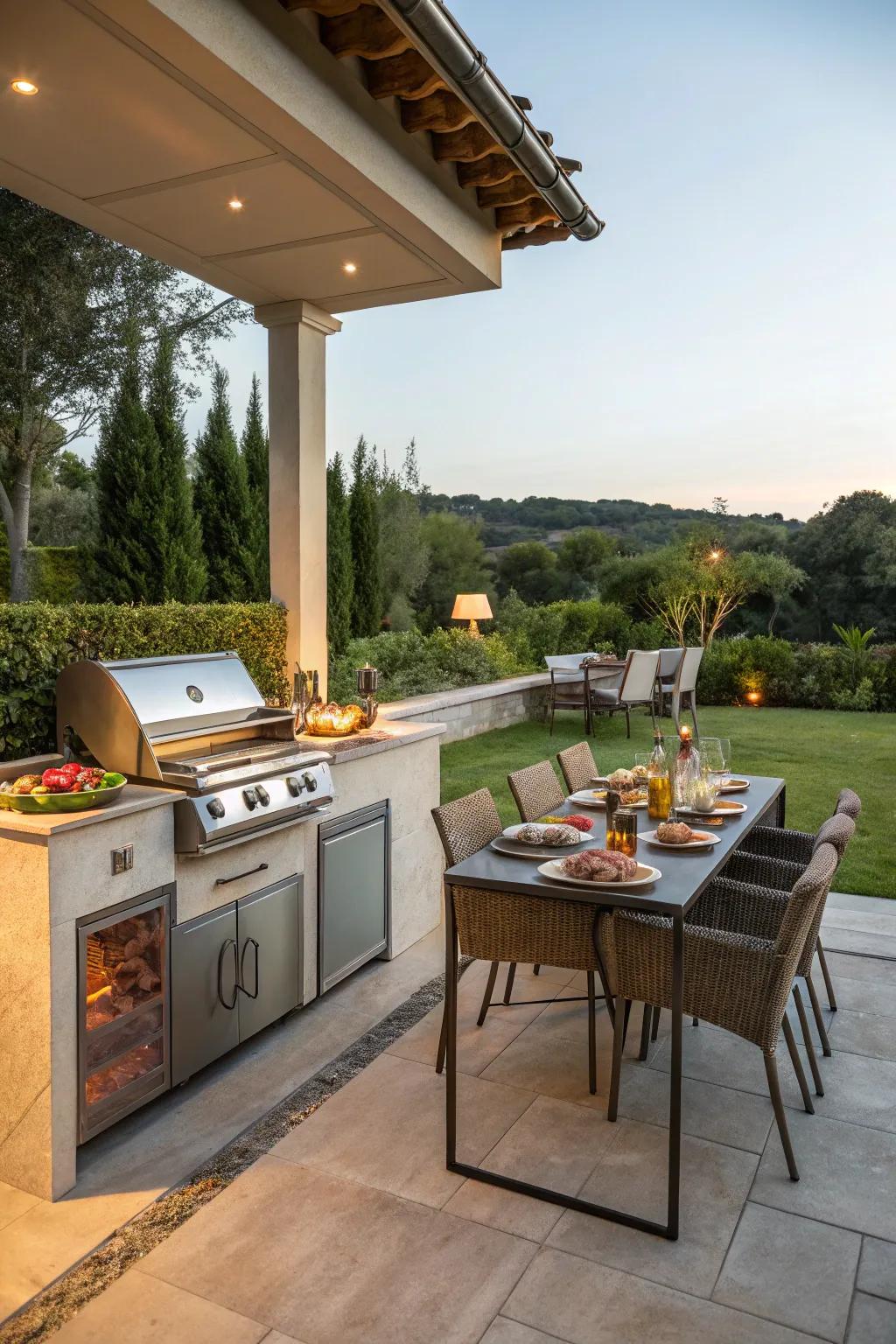 A well-appointed exterior culinary station juxtaposed with a feasting area.