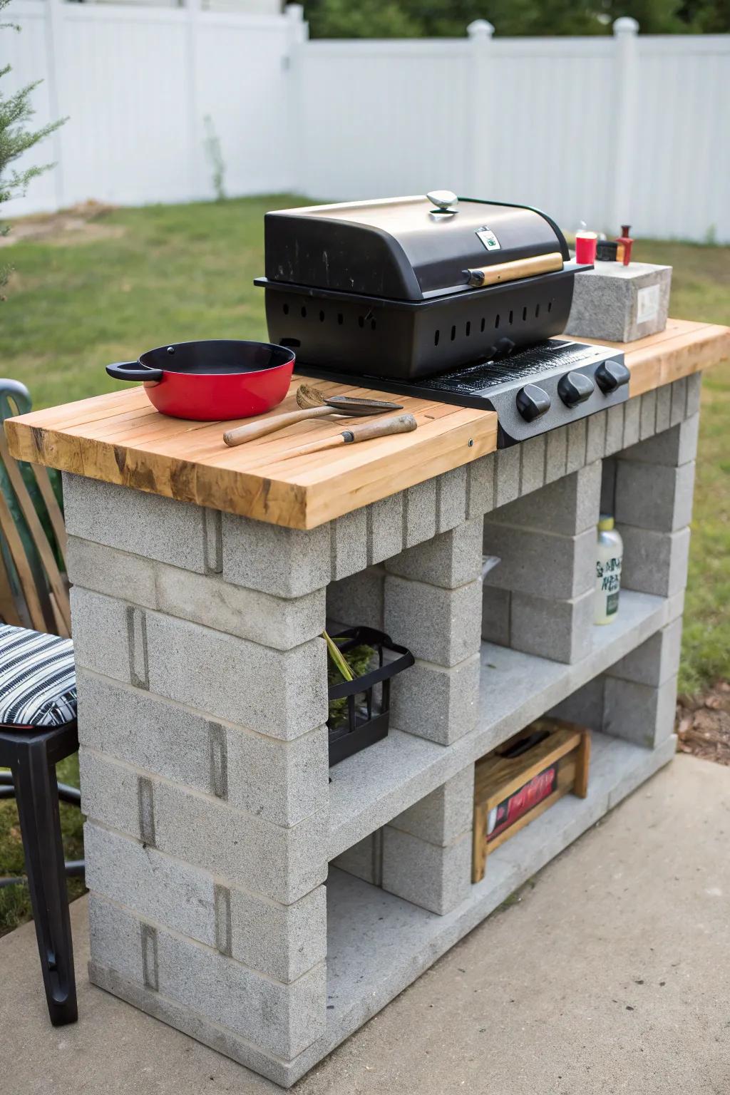 A DIY cinder block grill station constructed with imagination and diligence.