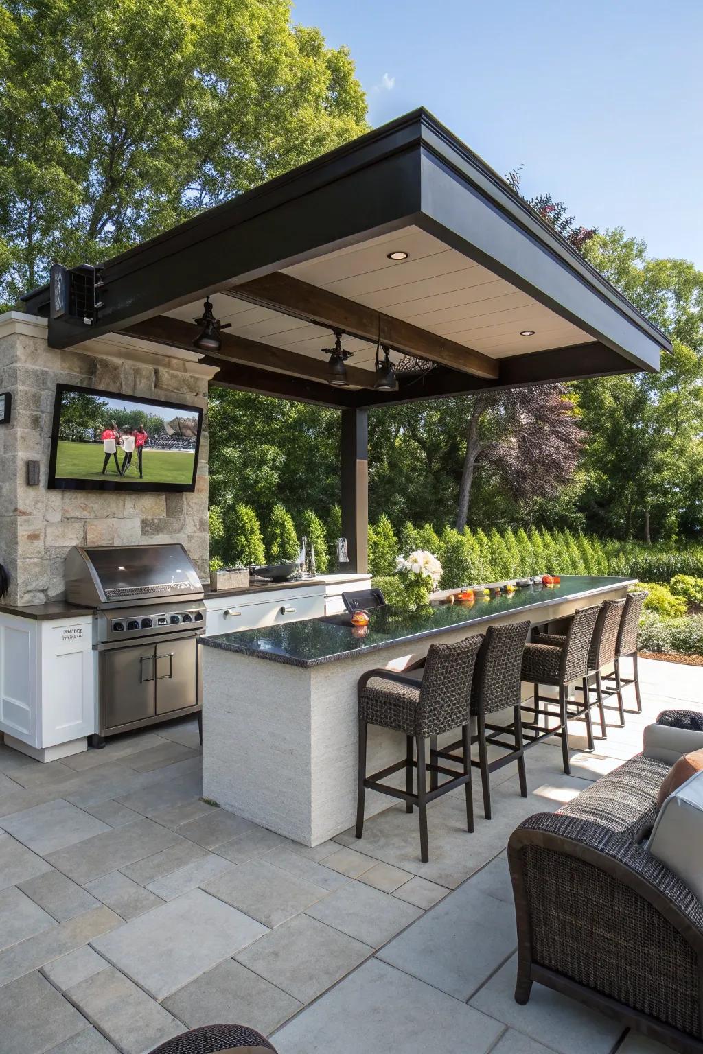 A TV and sound system transform your outdoor bar into an entertainment epicenter.