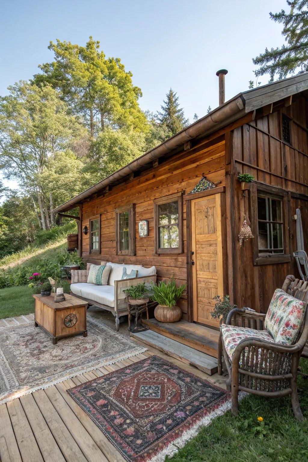A country lodge atmosphere introduces warmth and character to your outdoor personal sanctuary.
