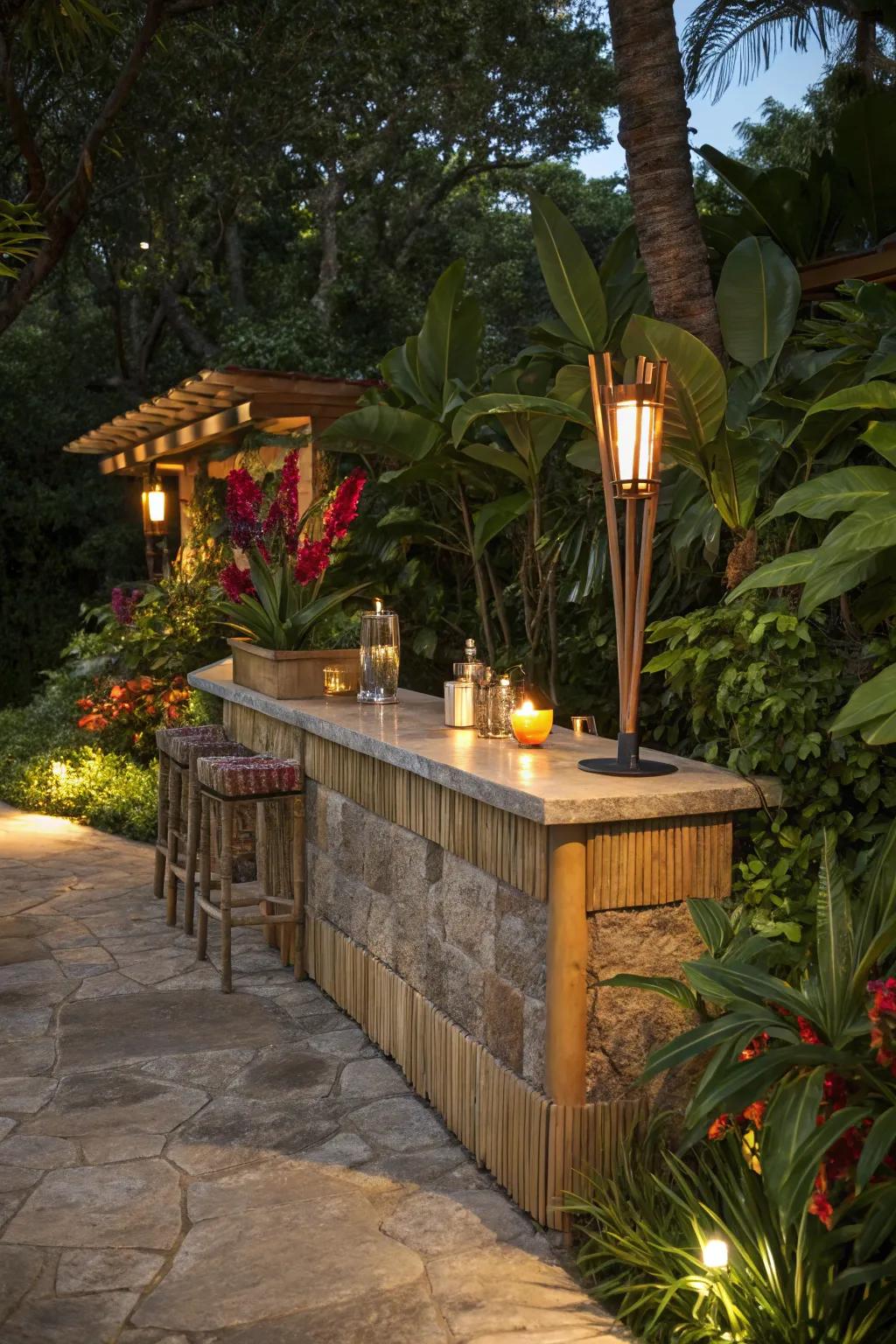 A tiki-style stone bar for lively get-togethers.
