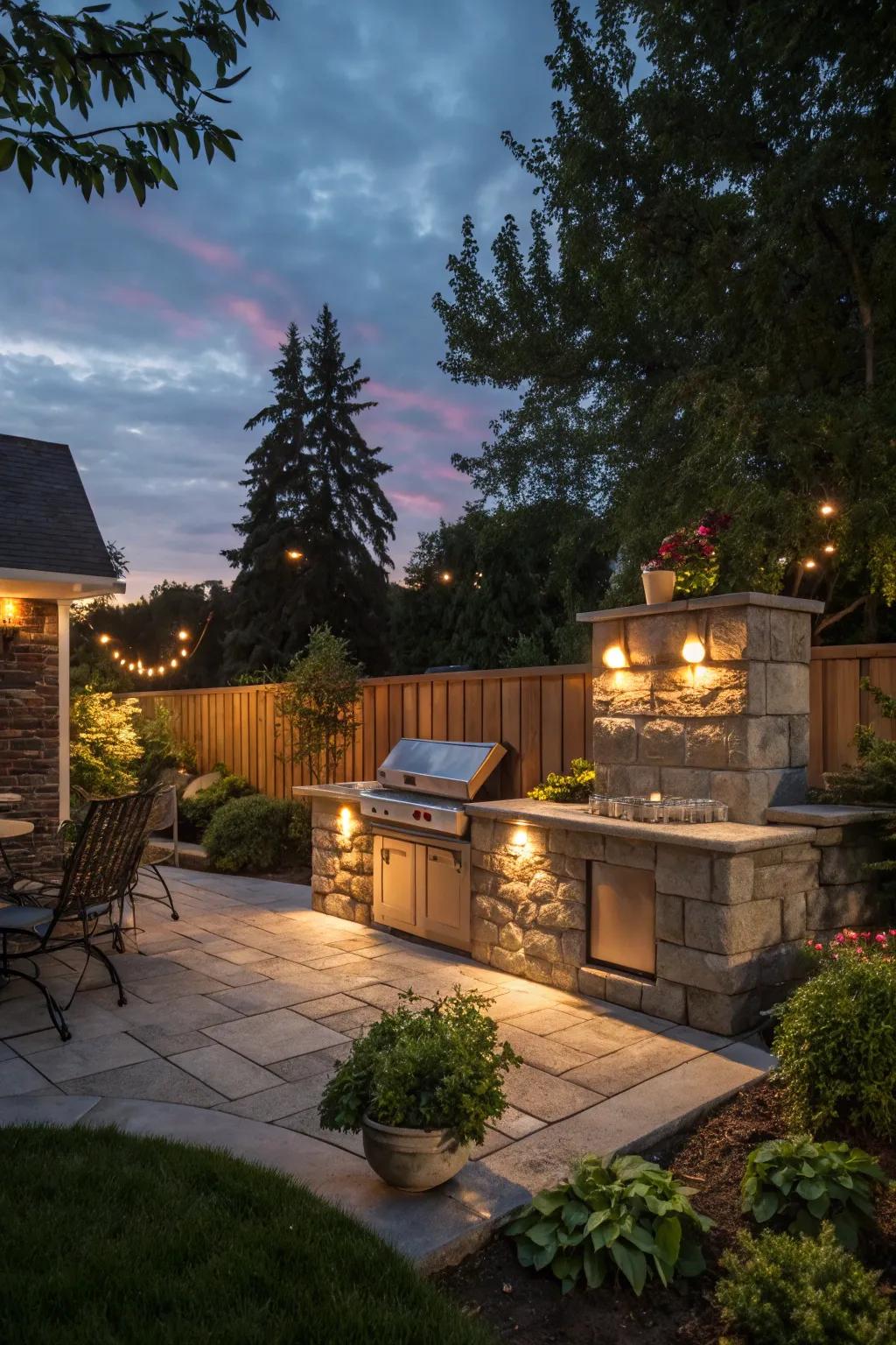 Illuminate your BBQ area with ambient lighting to achieve a magical evening ambiance.