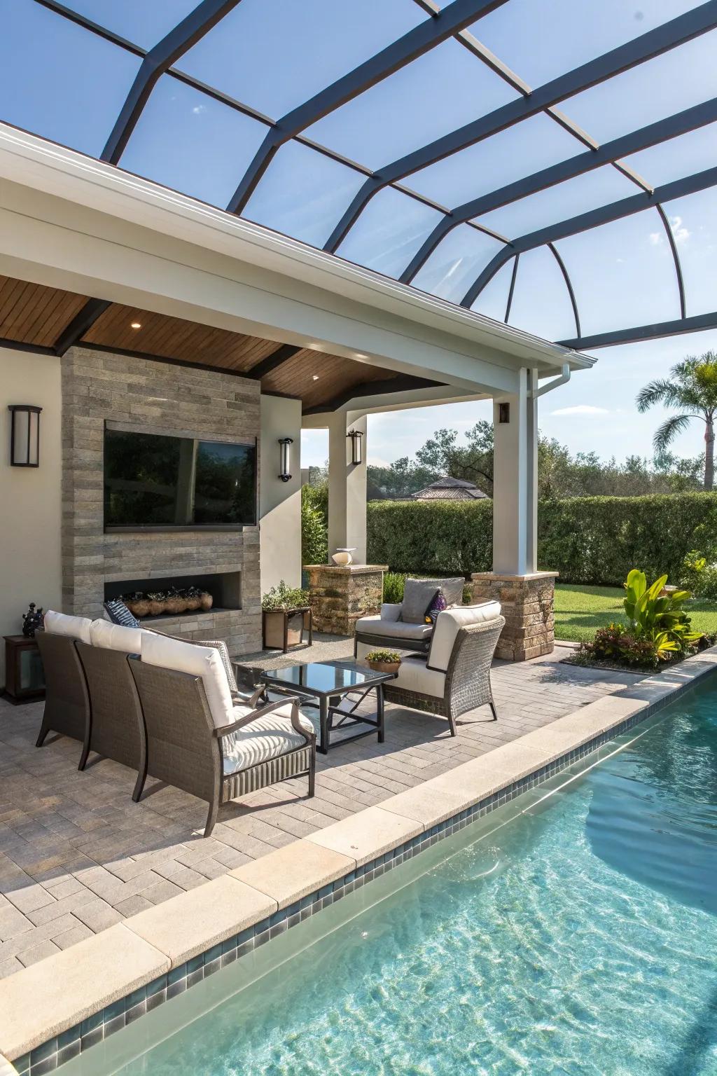 Delight in poolside entertainment using a dedicated TV space.