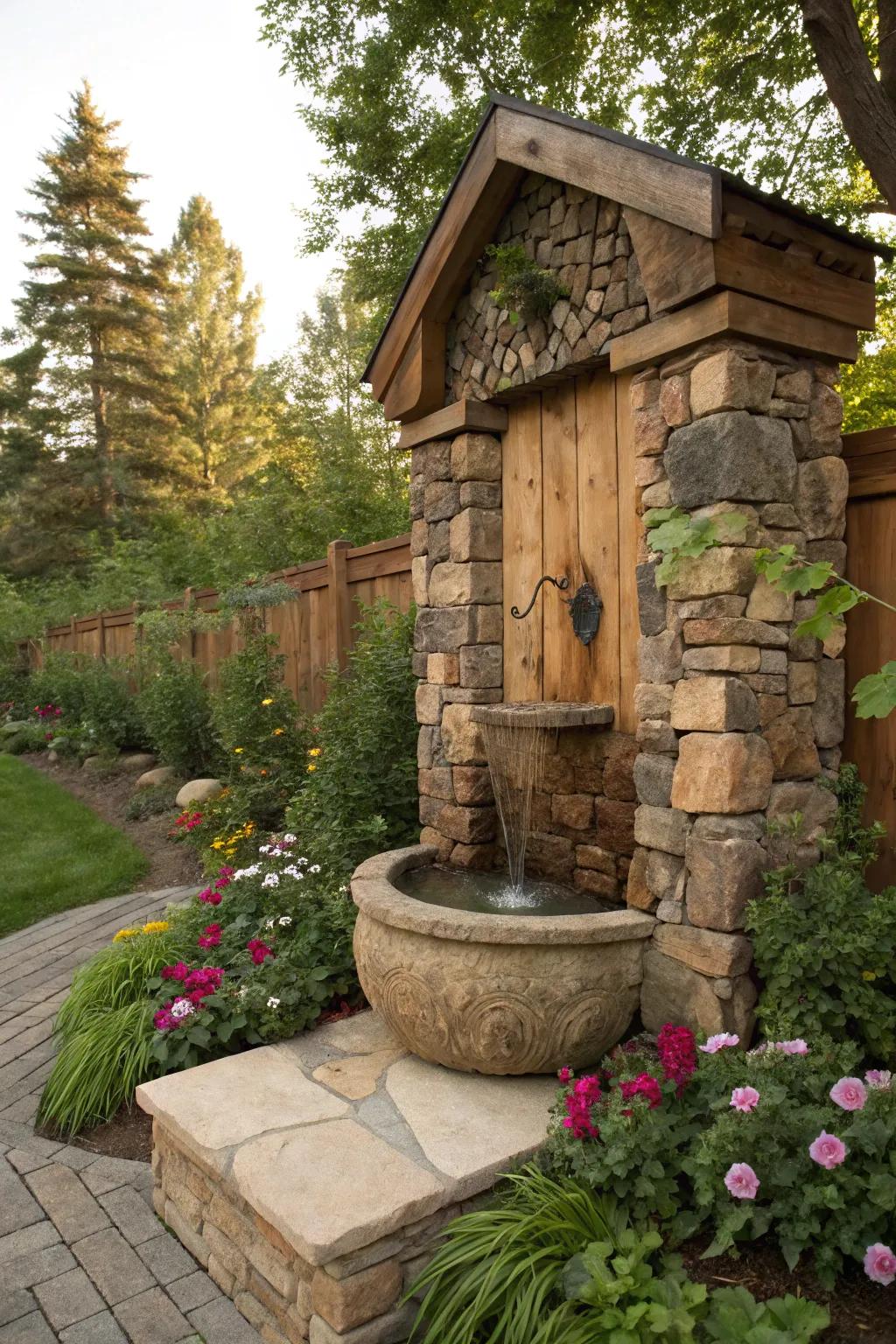 Natural compositions like stone and wood introduce rustic appeal.